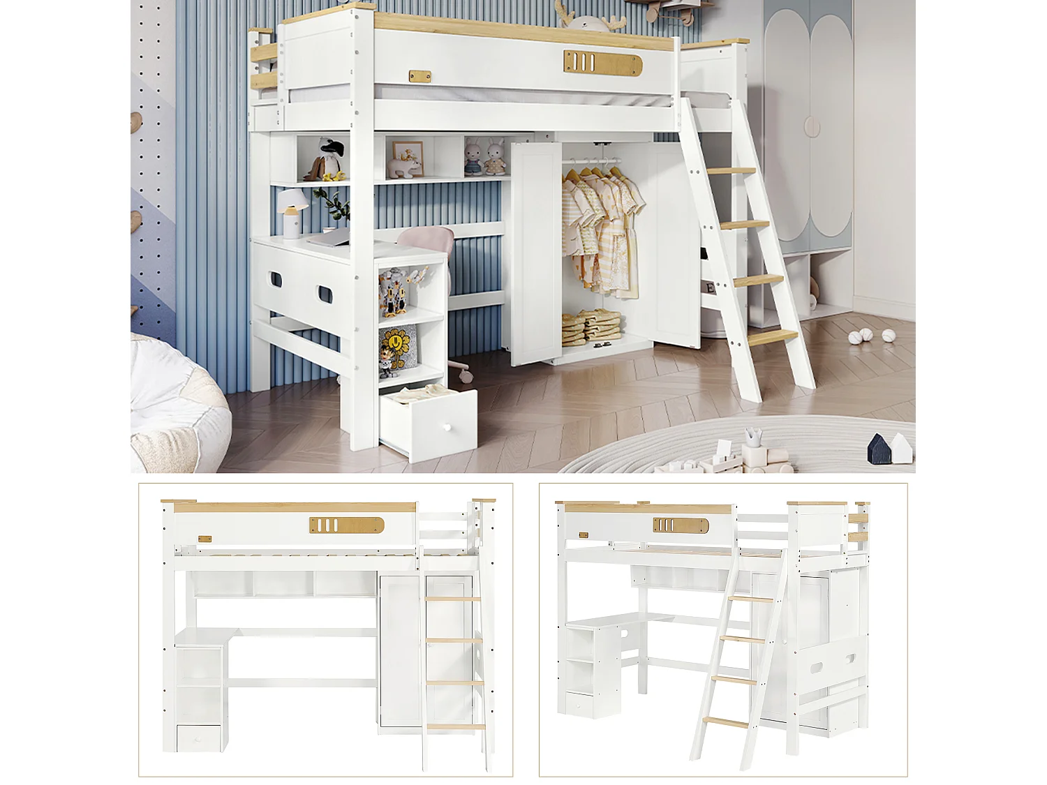 Lit superposé 140x200cm style moderne gain de place bois idéal pour chambre compacte Blanc naturel (Sans matelas)