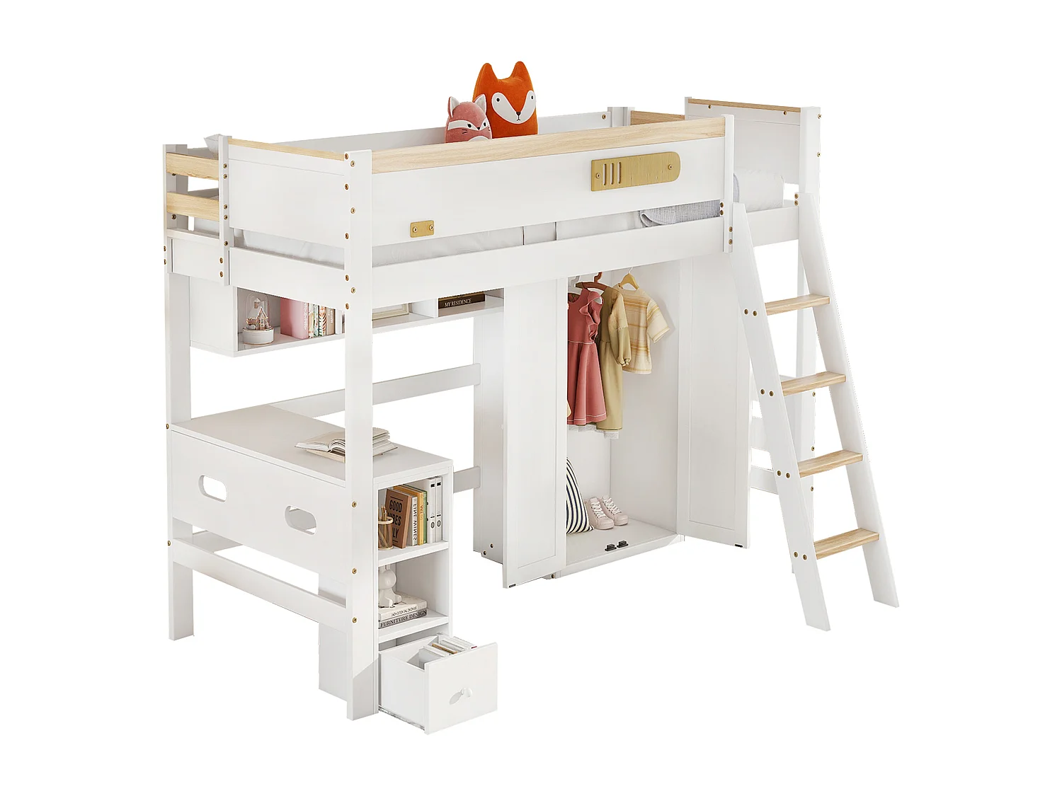 Kinderbed 90x200 cm met veiligheidshekje, met bureau en kast, met open planken, MDF, wit en naturel (zonder matras)