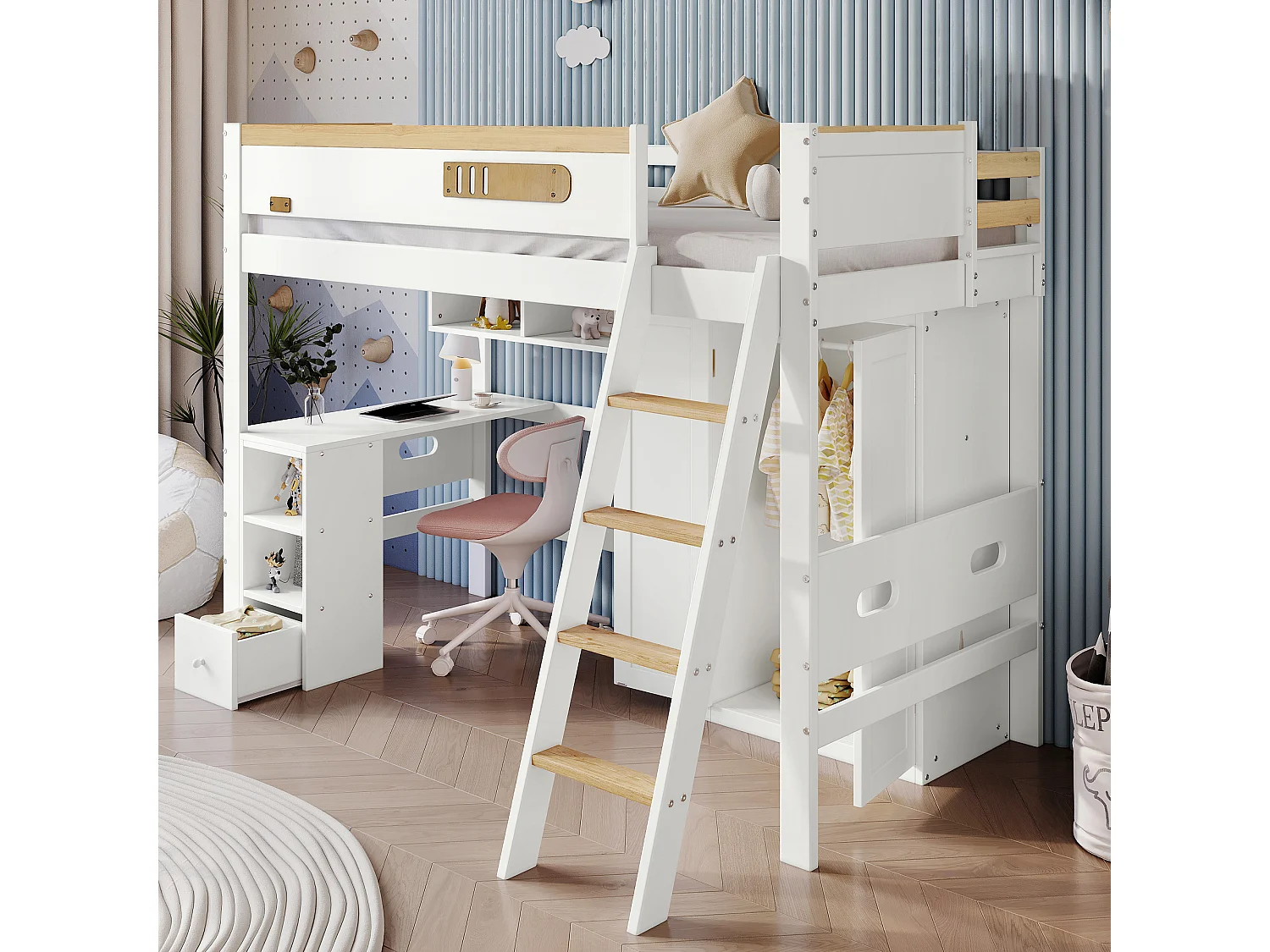 Kinderbed 90x200 cm met veiligheidshekje, met bureau en kast, met open planken, MDF, wit en naturel (zonder matras)