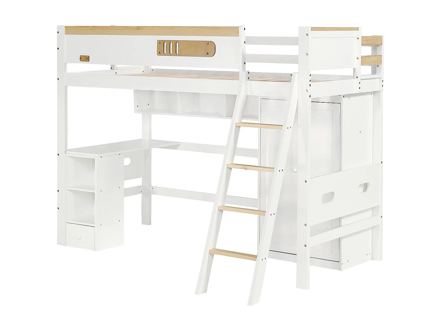 Kinderbed 90x200 cm met veiligheidshekje, met bureau en kast, met open planken, MDF, wit en naturel (zonder matras)