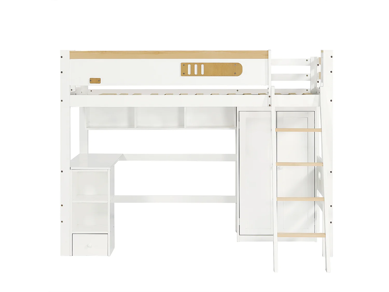 Kinderbed 90x200 cm met veiligheidshekje, met bureau en kast, met open planken, MDF, wit en naturel (zonder matras)