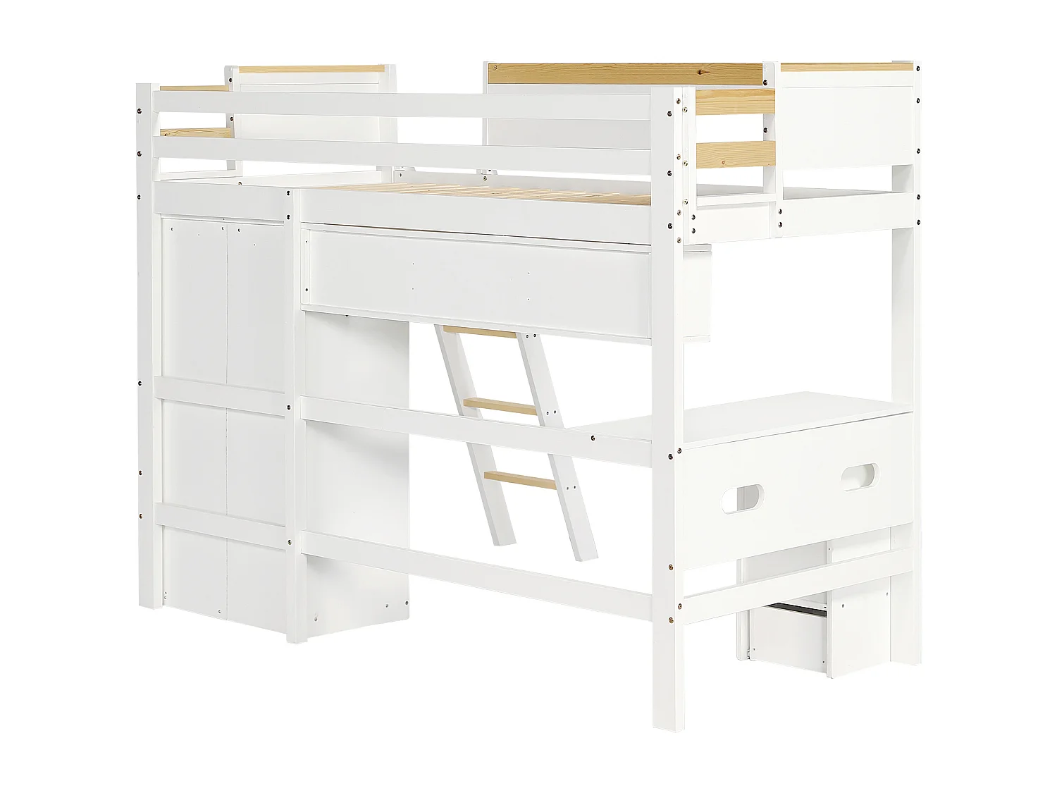 Kinderbed 90x200 cm met veiligheidshekje, met bureau en kast, met open planken, MDF, wit en naturel (zonder matras)