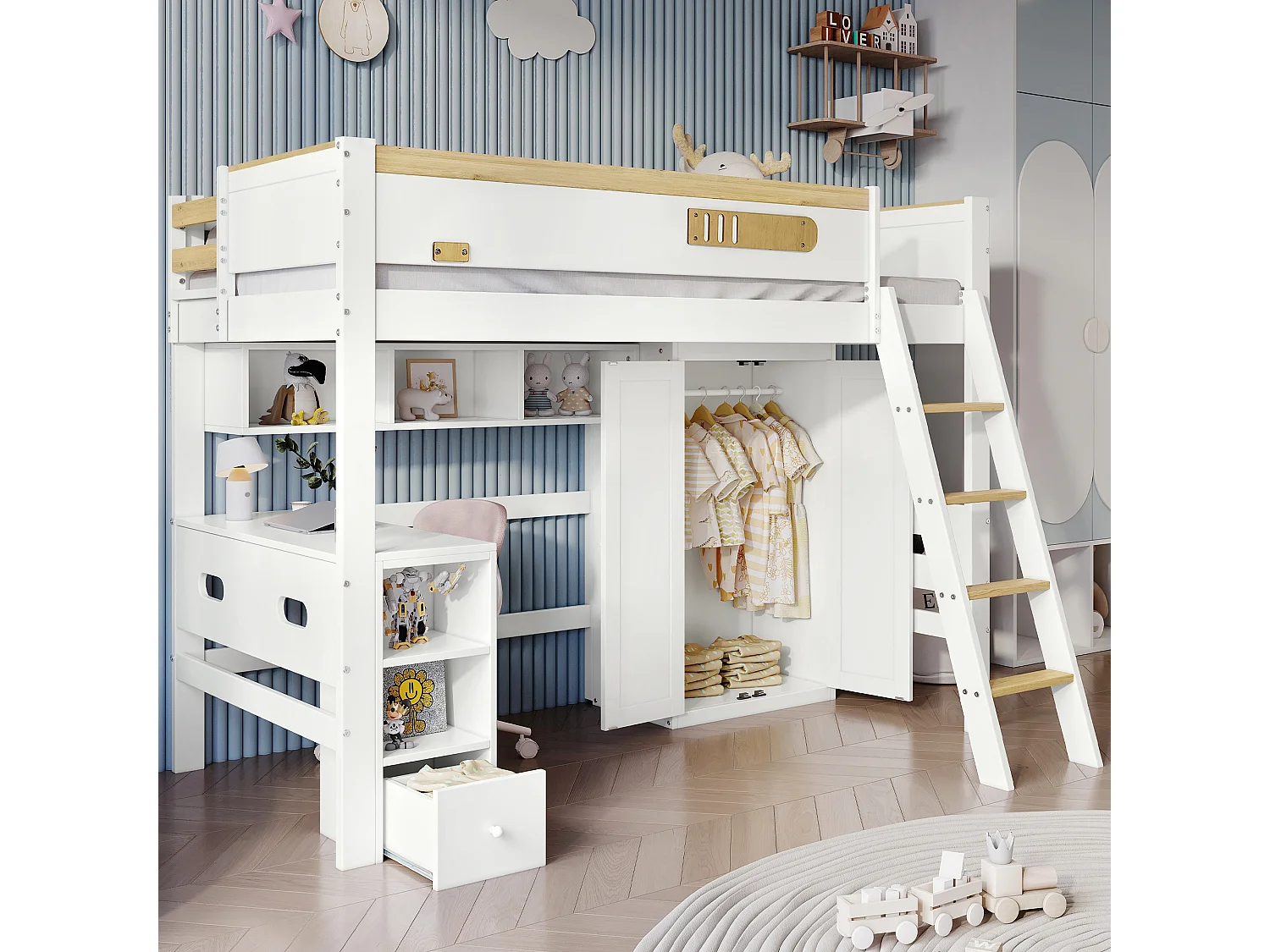 Kinderbed 90x200 cm met veiligheidshekje, met bureau en kast, met open planken, MDF, wit en naturel (zonder matras)