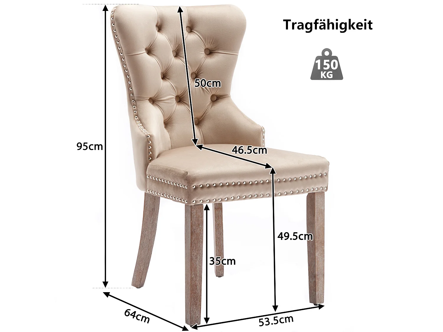 Juego de 2 sillas de comedor - Detalles remachados - Patas de madera maciza - Terciopelo - Beige