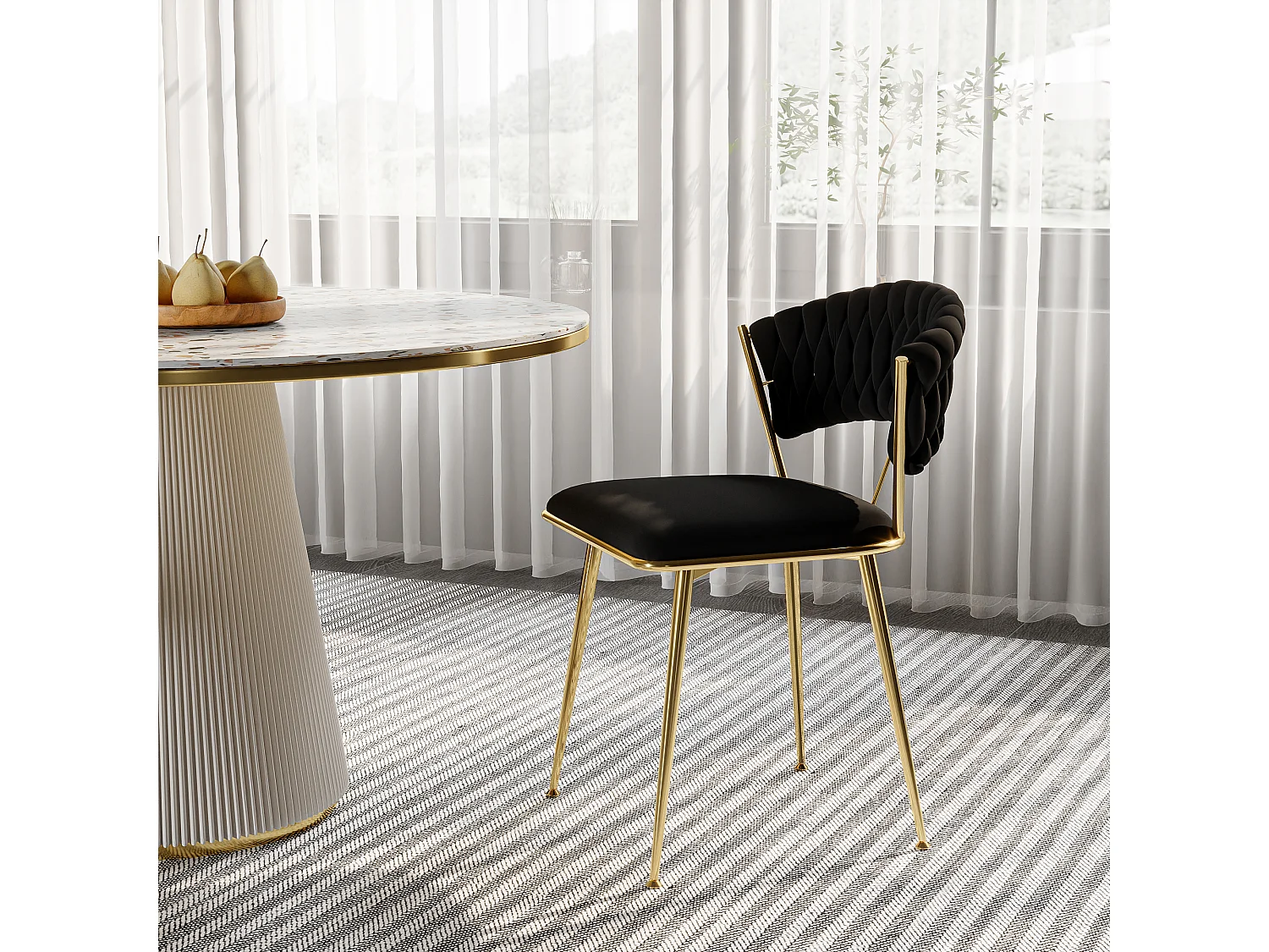 Lot de 2 Chaises de Salle à Manger - chaises de salon à dossier arrondi et structure métallique - velours - noir