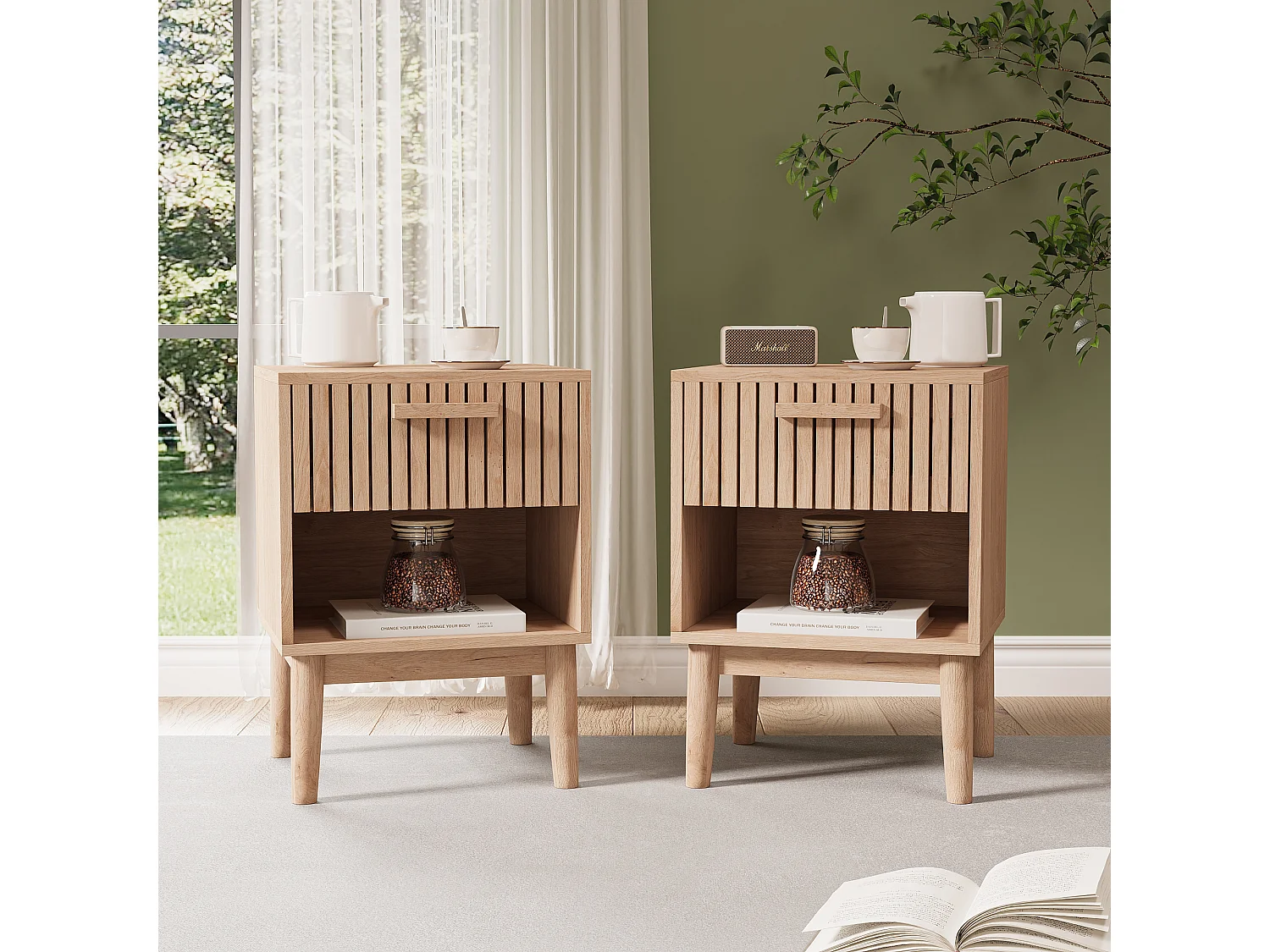 Lot de 2 tables de chevet avec tiroirs - table basse moderne avec tiroir de rangement pour salon et chambre - couleur bois naturel