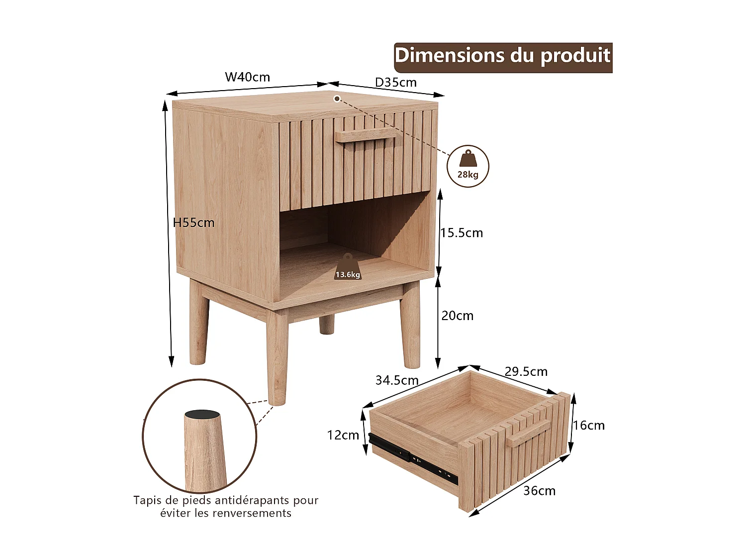 Lot de 2 tables de chevet avec tiroirs - table basse moderne avec tiroir de rangement pour salon et chambre - couleur bois naturel