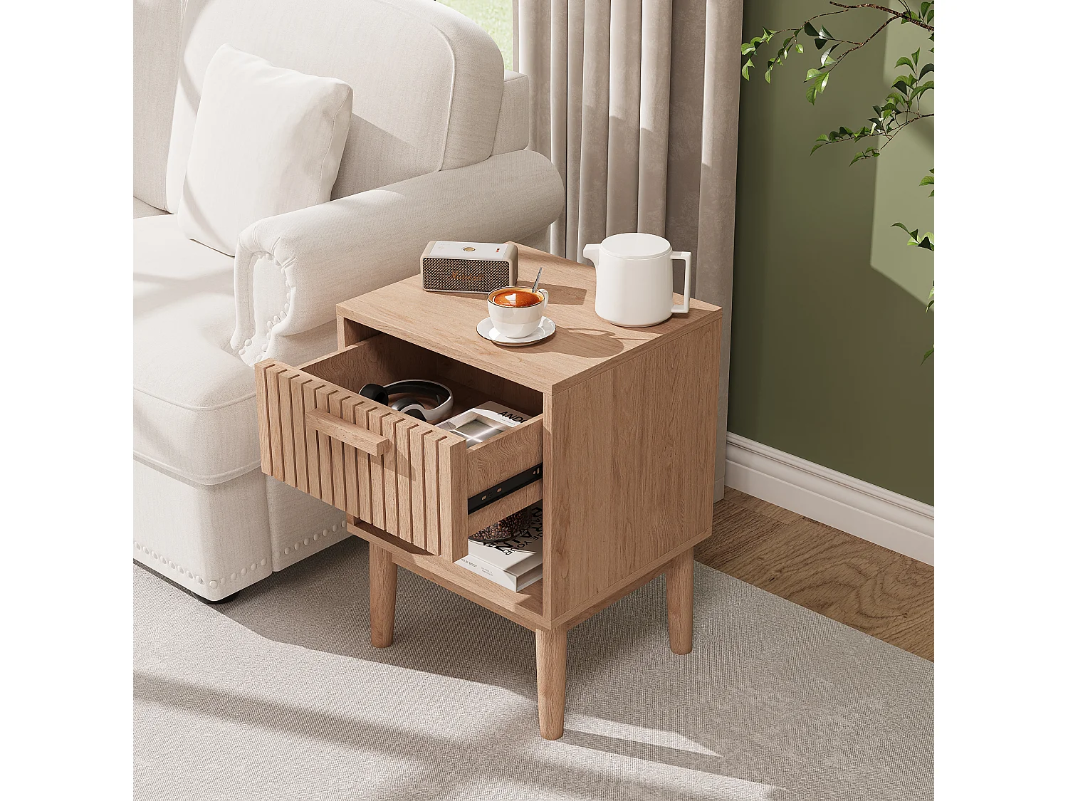 Set van 2 nachtkastjes met lades - Moderne salontafel met opberglade voor woonkamer en slaapkamer - natuurlijke houtkleur