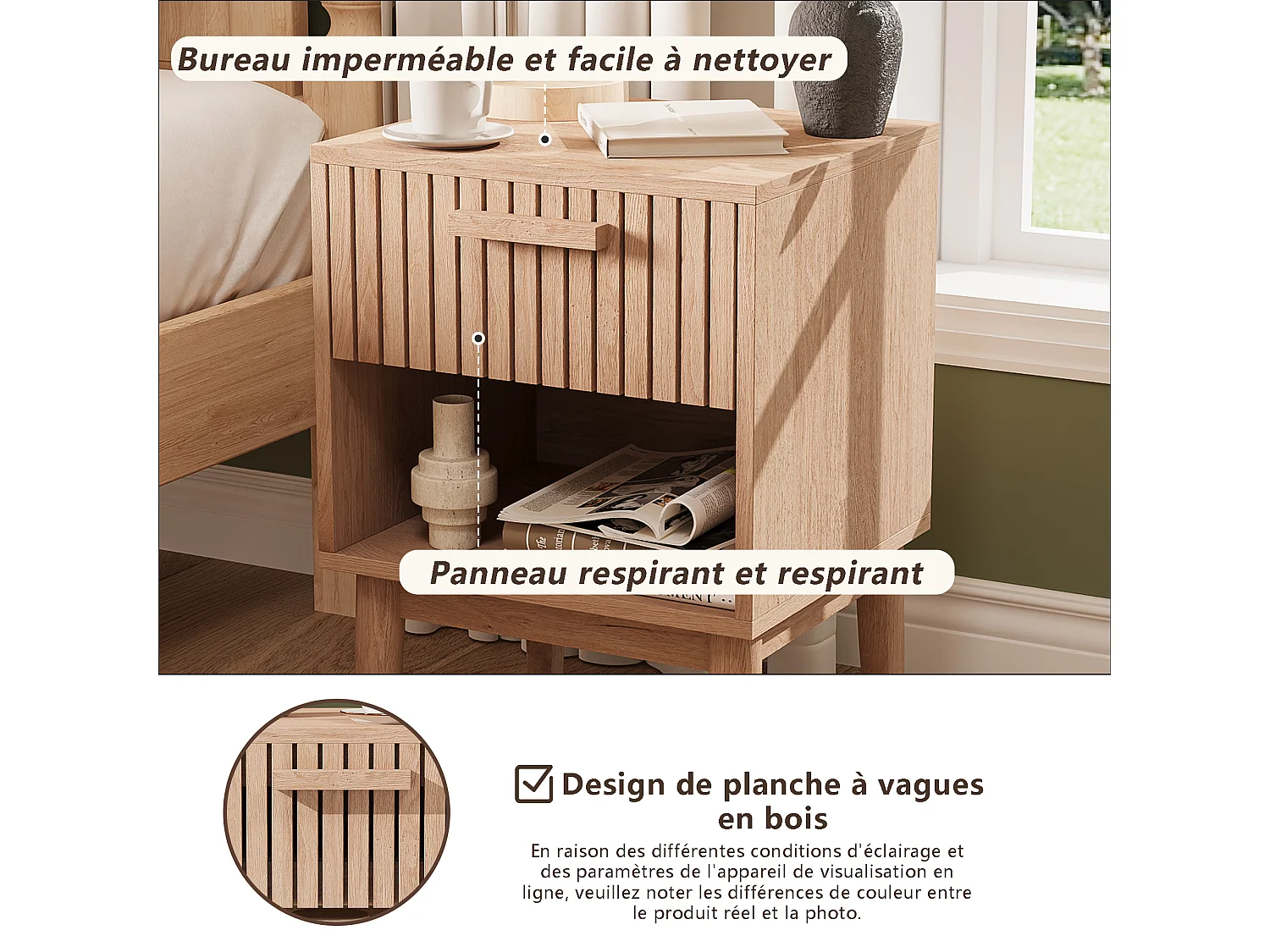 Set van 2 nachtkastjes met lades - Moderne salontafel met opberglade voor woonkamer en slaapkamer - natuurlijke houtkleur