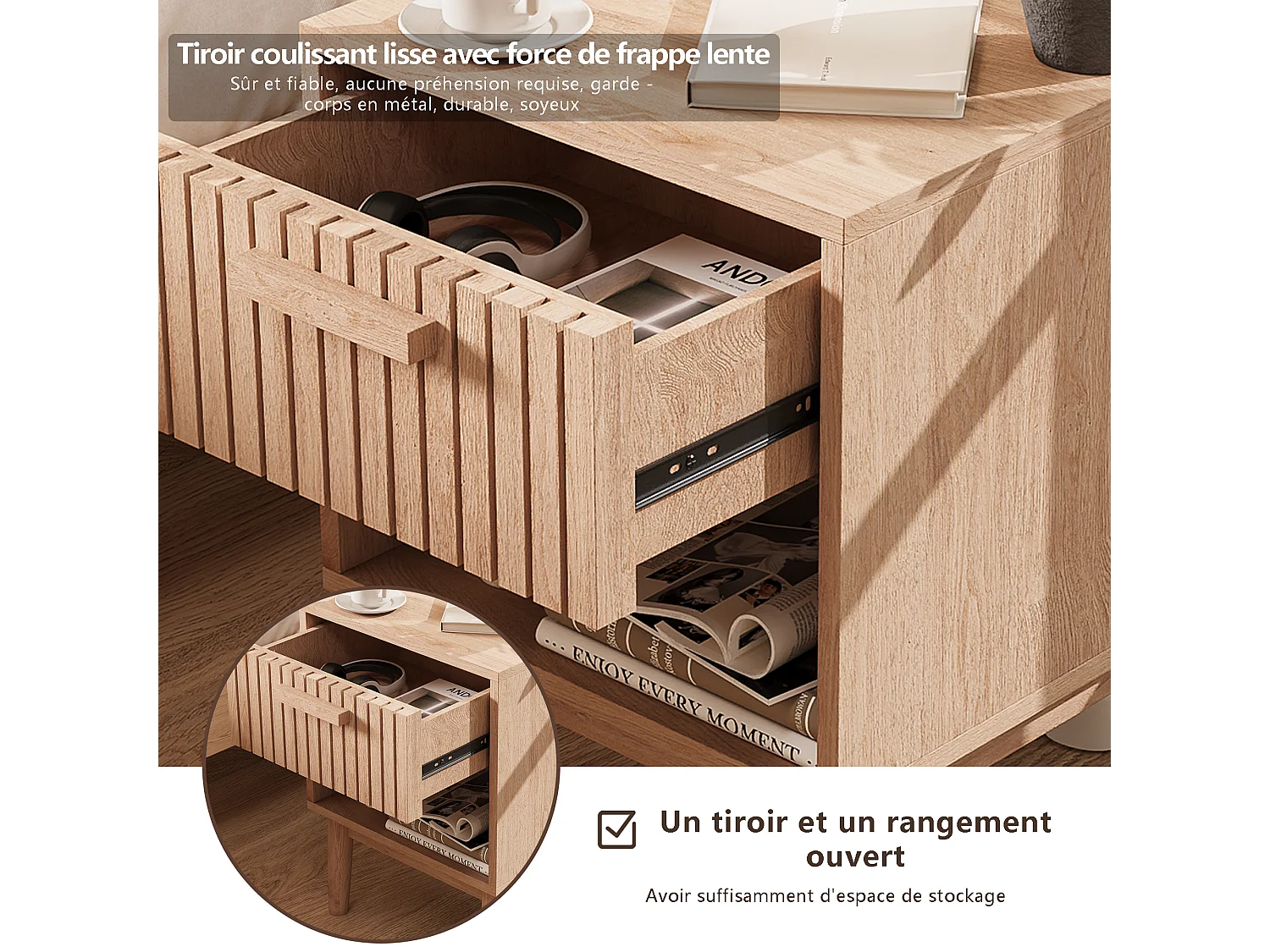 Set van 2 nachtkastjes met lades - Moderne salontafel met opberglade voor woonkamer en slaapkamer - natuurlijke houtkleur