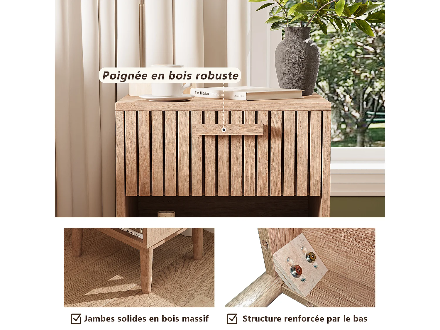 Set van 2 nachtkastjes met lades - Moderne salontafel met opberglade voor woonkamer en slaapkamer - natuurlijke houtkleur