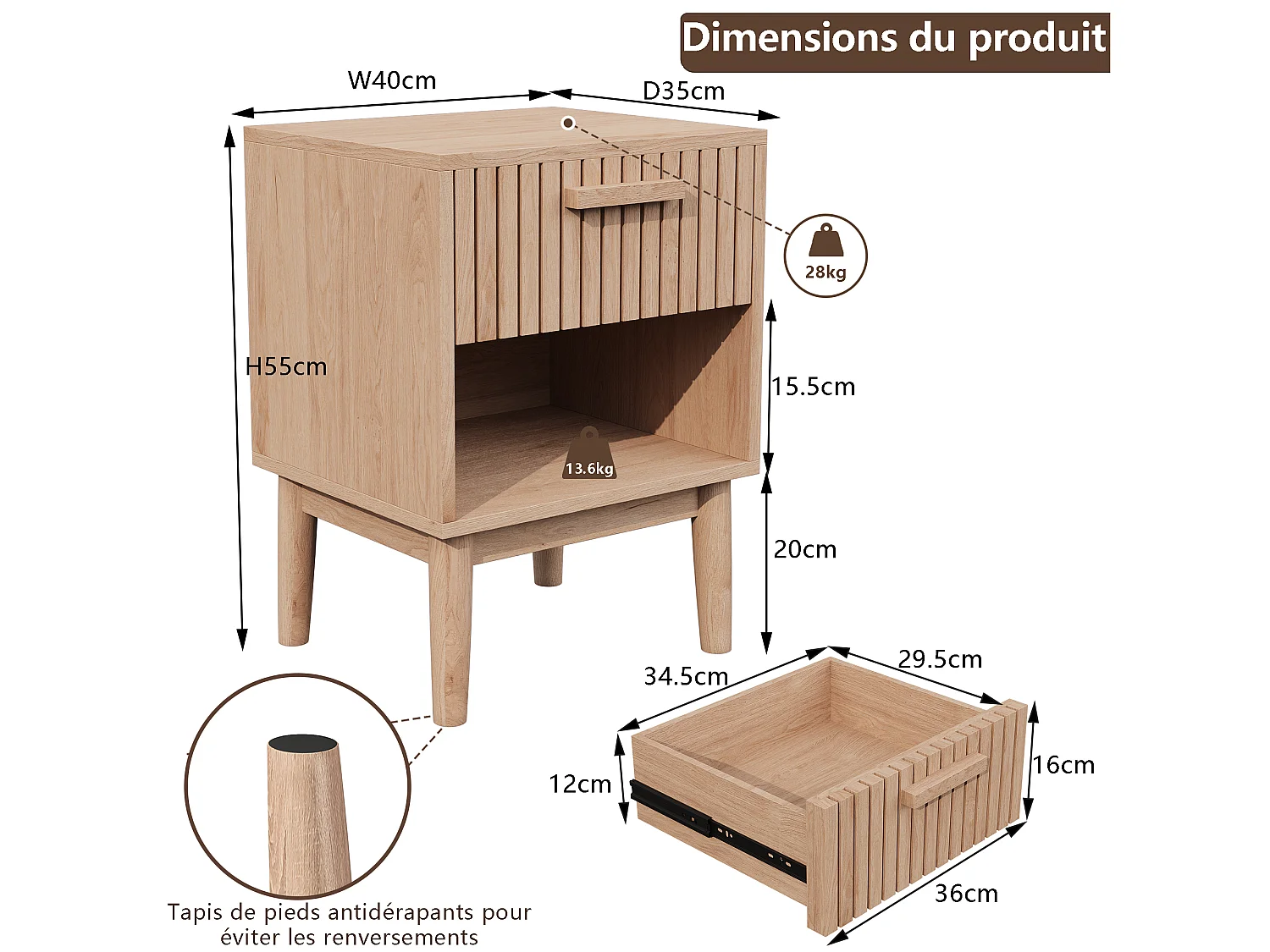 Set van 2 nachtkastjes met lades - Moderne salontafel met opberglade voor woonkamer en slaapkamer - natuurlijke houtkleur