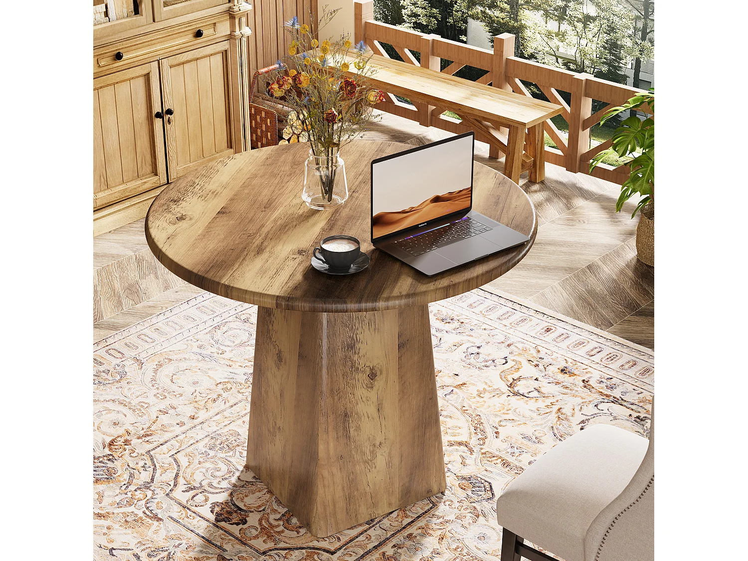 Table de salle à manger ronde de 80 cm pour 2 à 4 personnes, style campagnard, petite table de cuisine avec base carrée