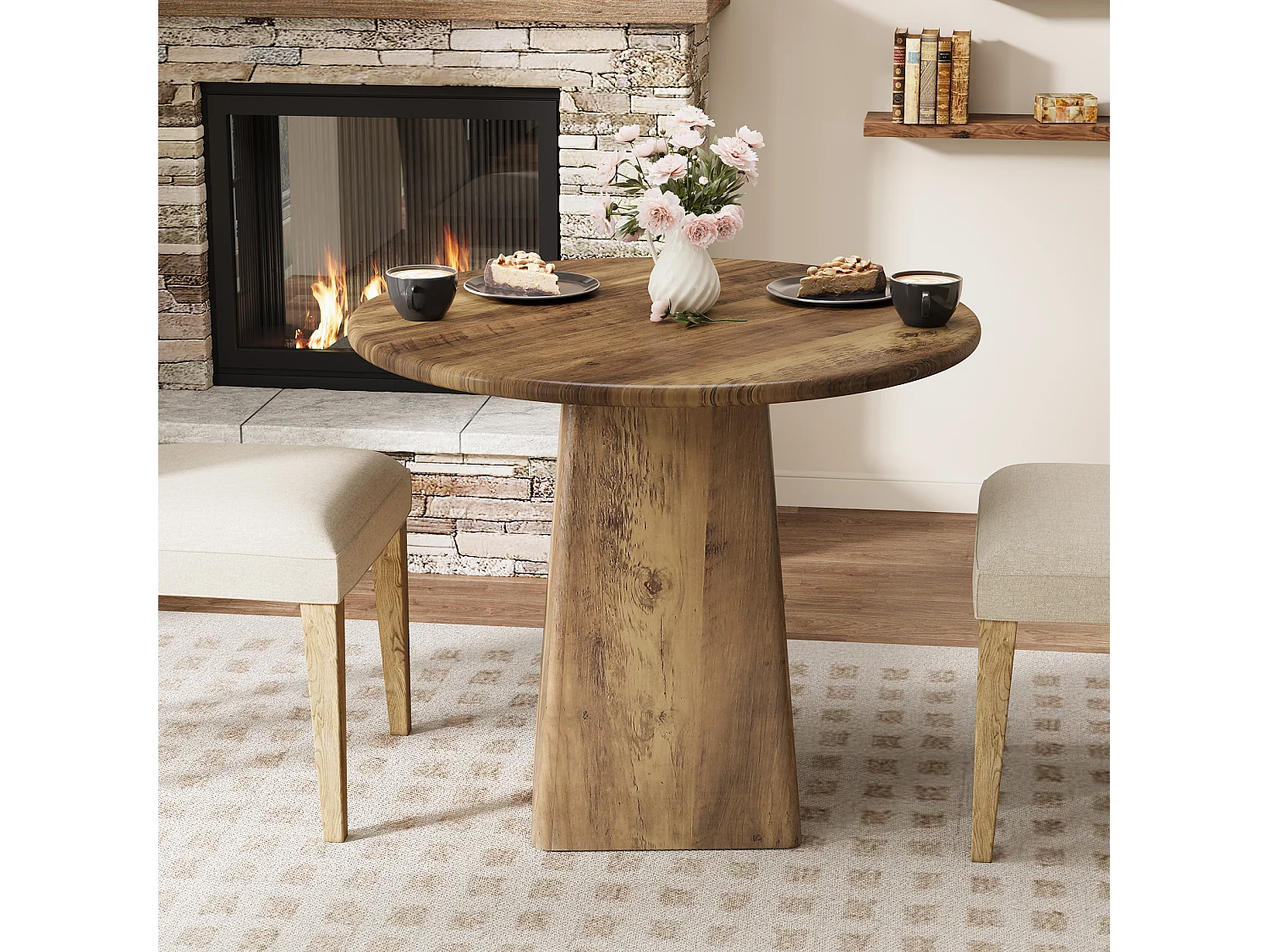 Table de salle à manger ronde de 80 cm pour 2 à 4 personnes, style campagnard, petite table de cuisine avec base carrée