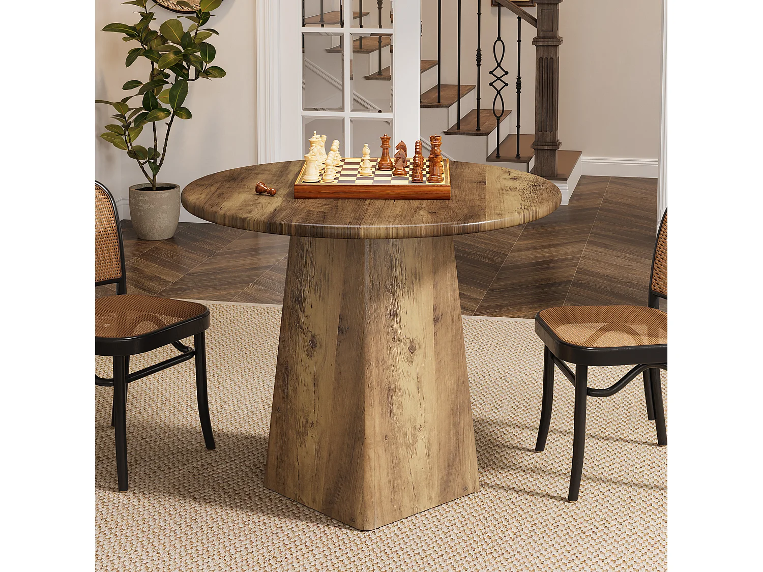 Table de salle à manger ronde de 80 cm pour 2 à 4 personnes, style campagnard, petite table de cuisine avec base carrée