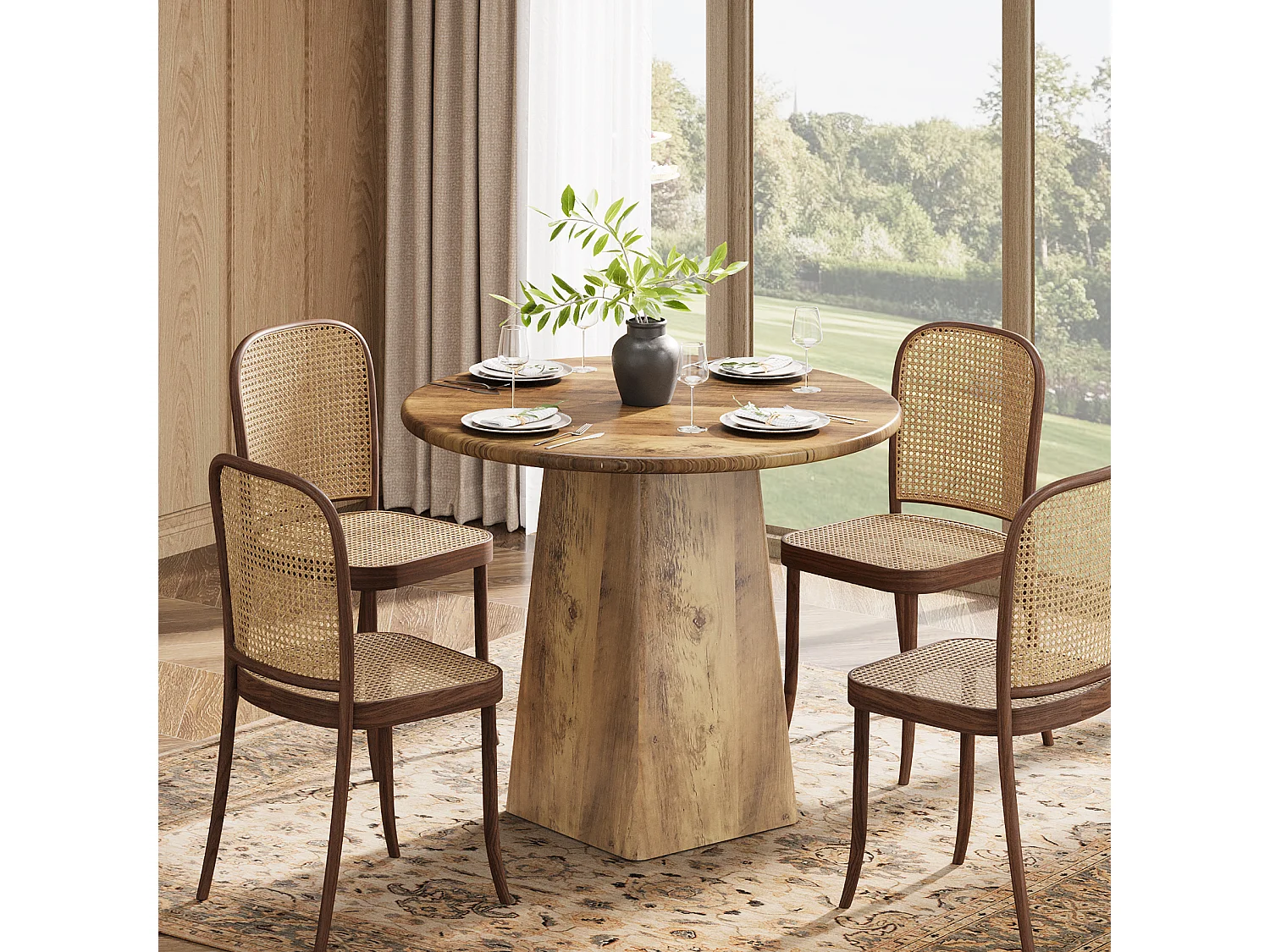 Table de salle à manger ronde de 80 cm pour 2 à 4 personnes, style campagnard, petite table de cuisine avec base carrée