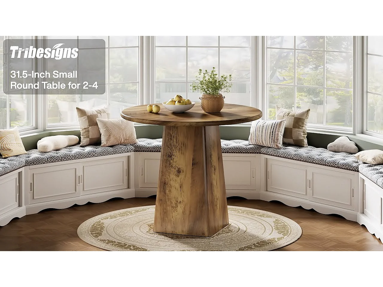 Table de salle à manger ronde de 80 cm pour 2 à 4 personnes, style campagnard, petite table de cuisine avec base carrée