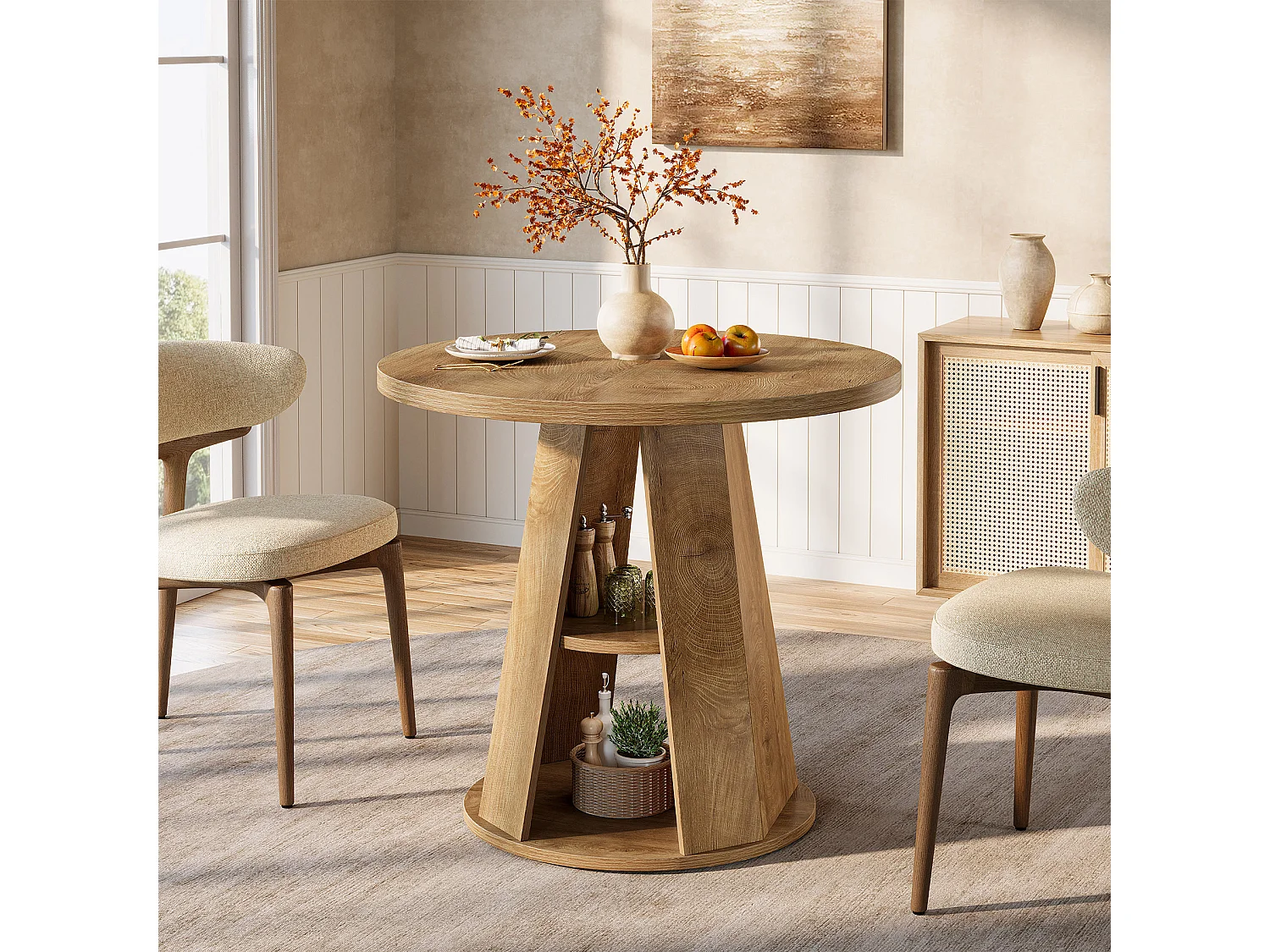 Table ronde pour 2 à 4 personnes, 80 cm, petite table de cuisine de style campagnard avec étagère de rangement à 2 niveaux
