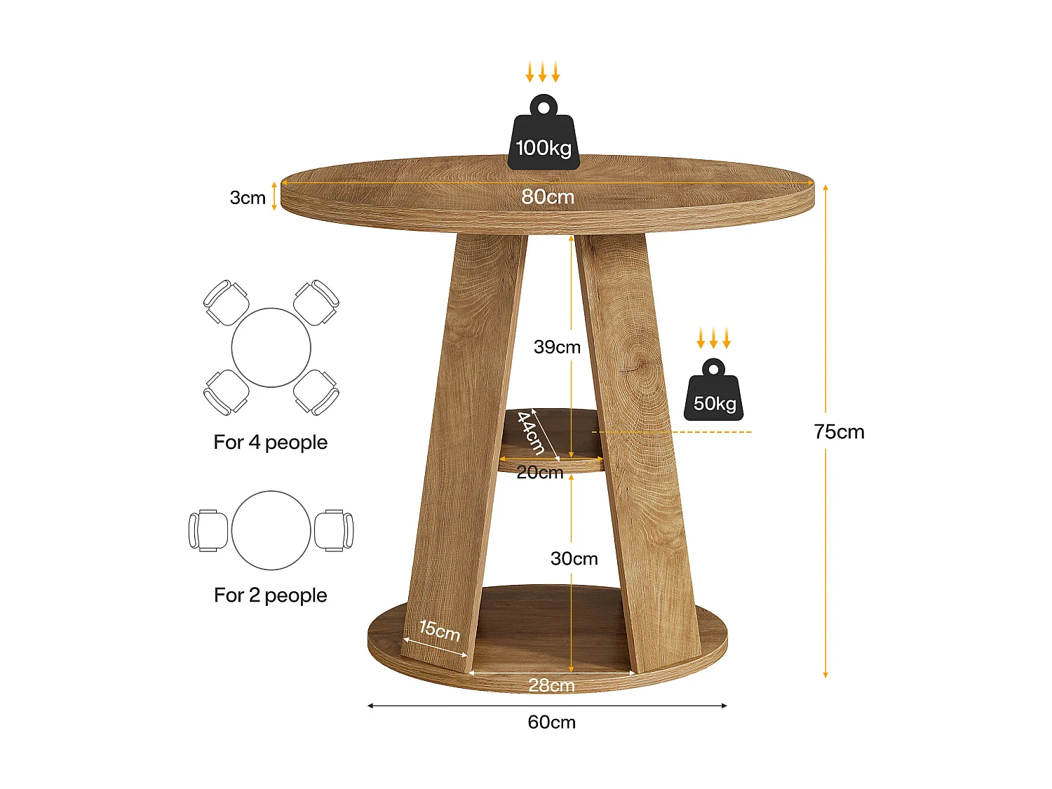 Table ronde pour 2 à 4 personnes, 80 cm, petite table de cuisine de style campagnard avec étagère de rangement à 2 niveaux