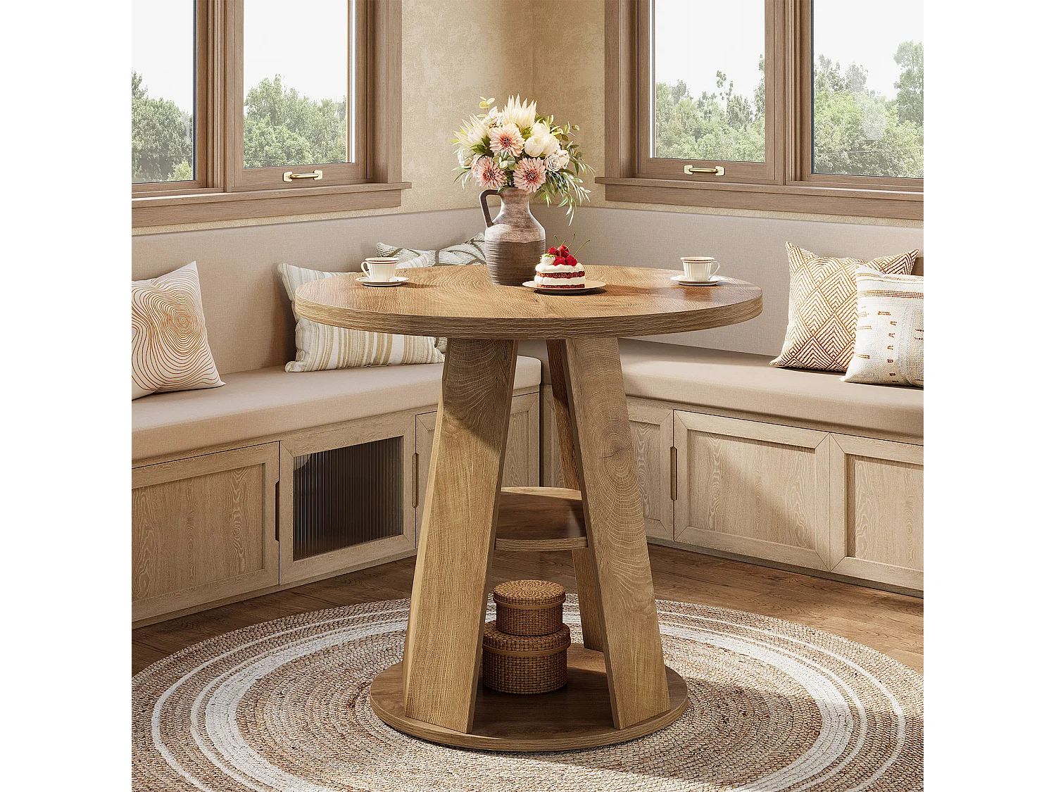 Table ronde pour 2 à 4 personnes, 80 cm, petite table de cuisine de style campagnard avec étagère de rangement à 2 niveaux