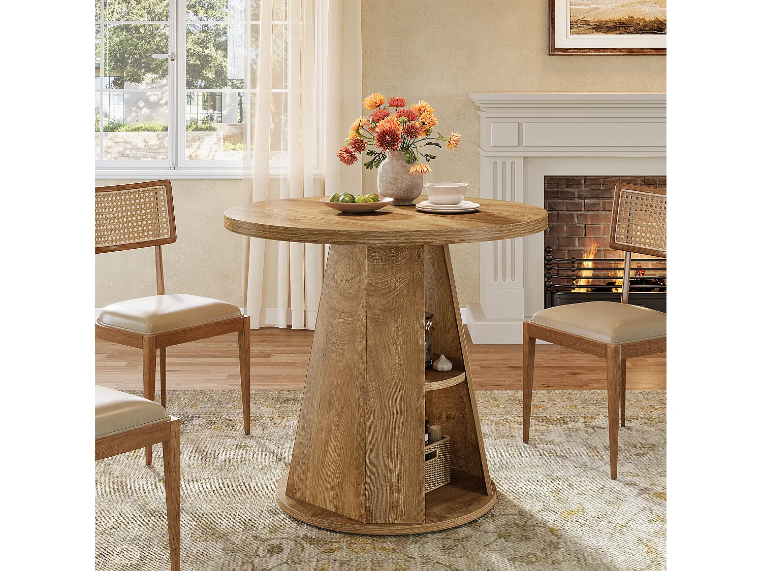 Table ronde pour 2 à 4 personnes, 80 cm, petite table de cuisine de style campagnard avec étagère de rangement à 2 niveaux