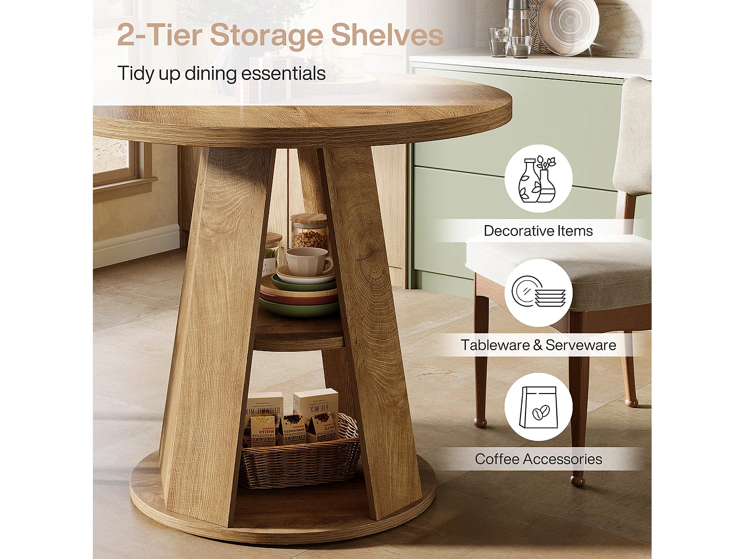 Table ronde pour 2 à 4 personnes, 80 cm, petite table de cuisine de style campagnard avec étagère de rangement à 2 niveaux