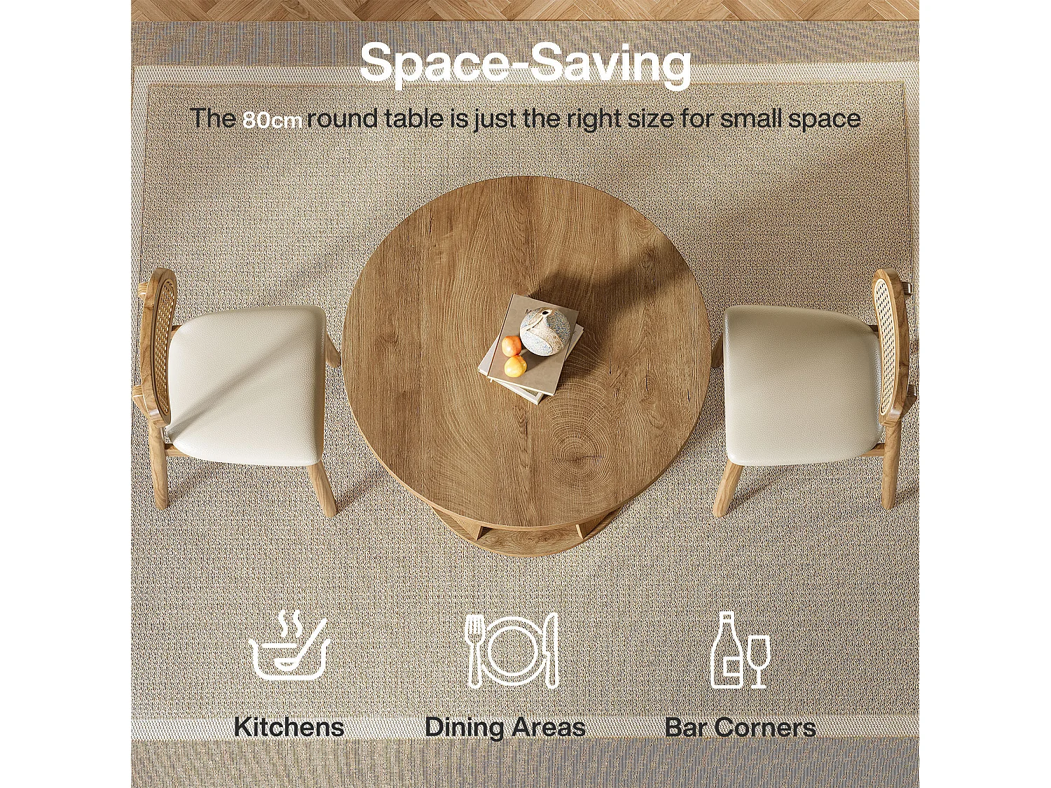 Table ronde pour 2 à 4 personnes, 80 cm, petite table de cuisine de style campagnard avec étagère de rangement à 2 niveaux