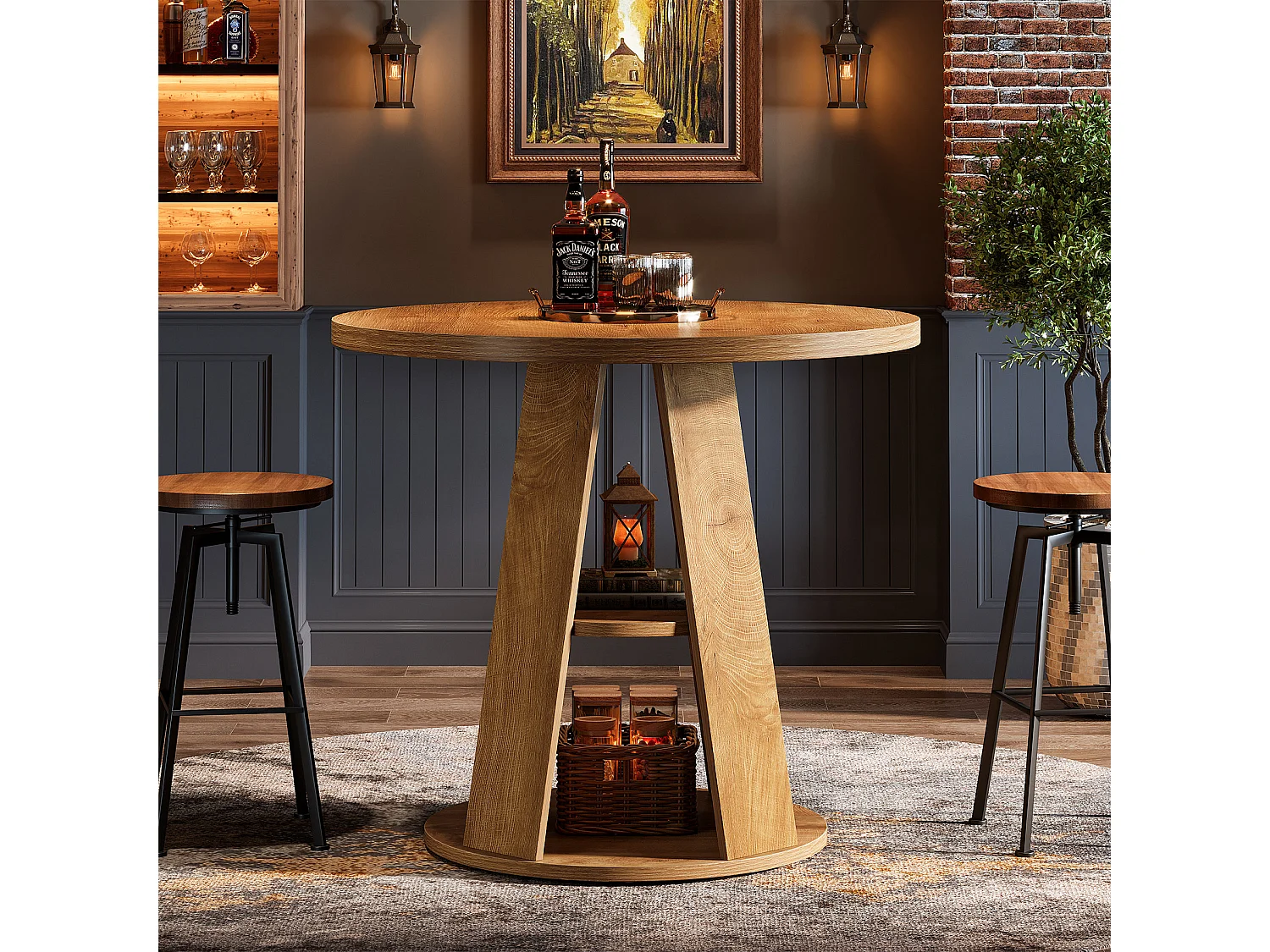 Table ronde pour 2 à 4 personnes, 80 cm, petite table de cuisine de style campagnard avec étagère de rangement à 2 niveaux