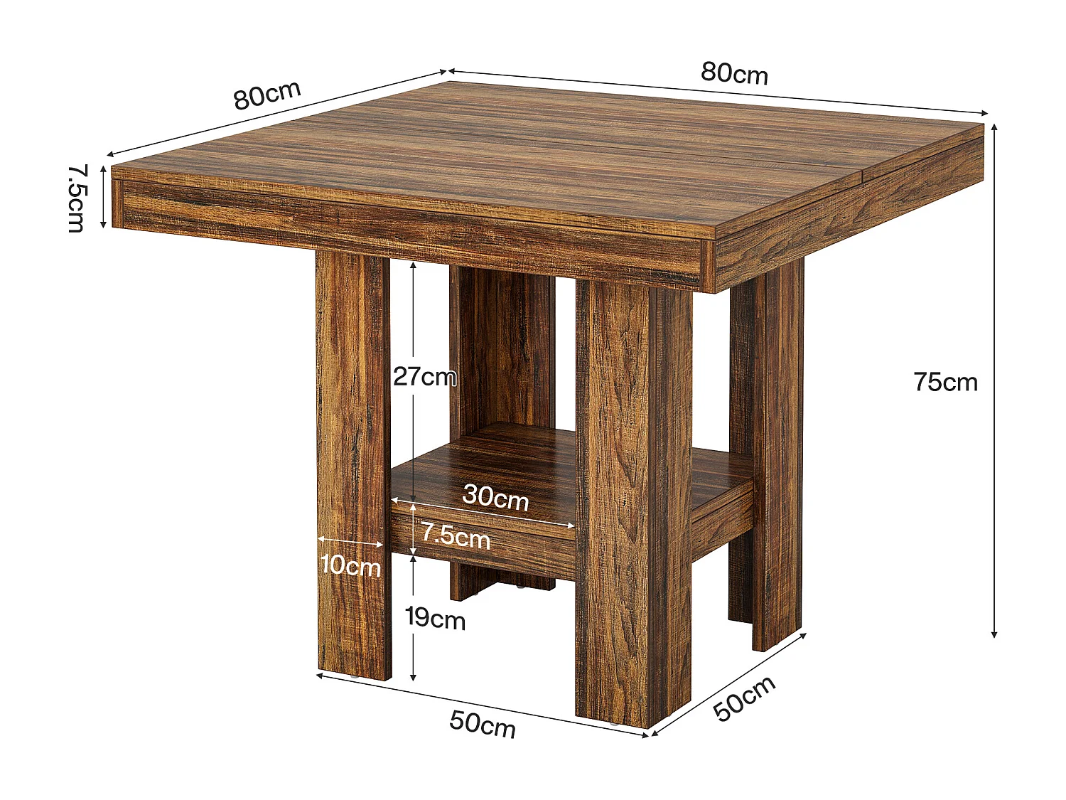 Table de salle à manger carrée pour 4 personnes, petite table de cuisine avec étagère de rangement, meuble de salle à manger compact pour appartements