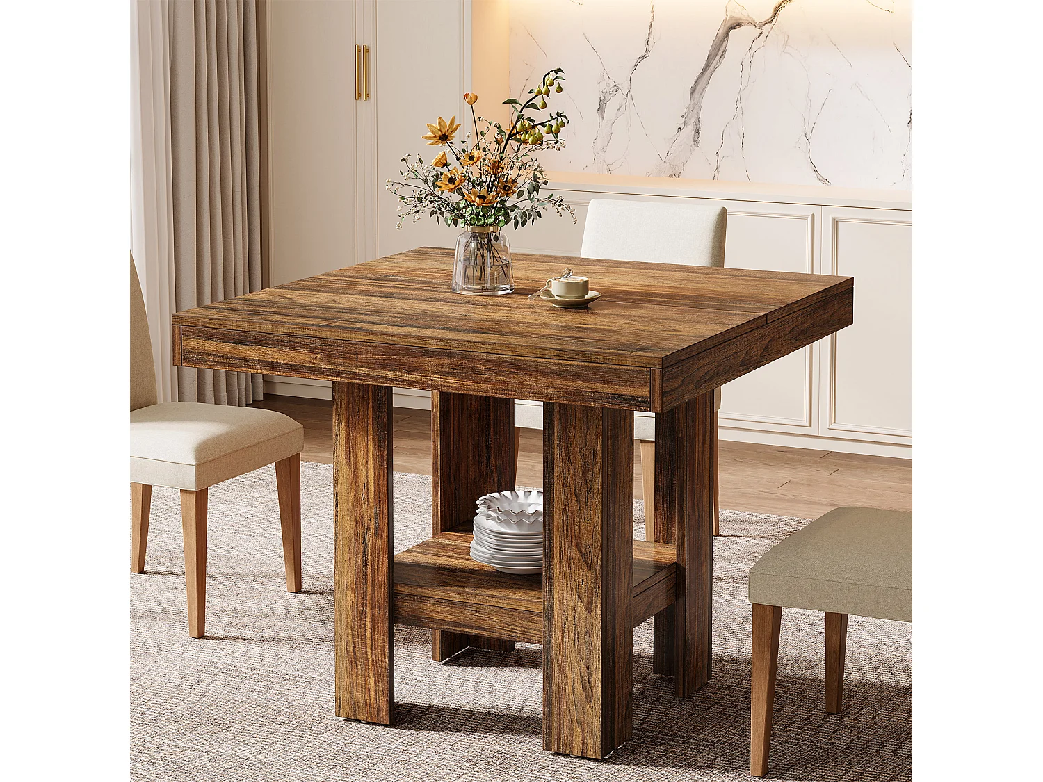 Table de salle à manger carrée pour 4 personnes, petite table de cuisine avec étagère de rangement, meuble de salle à manger compact pour appartements