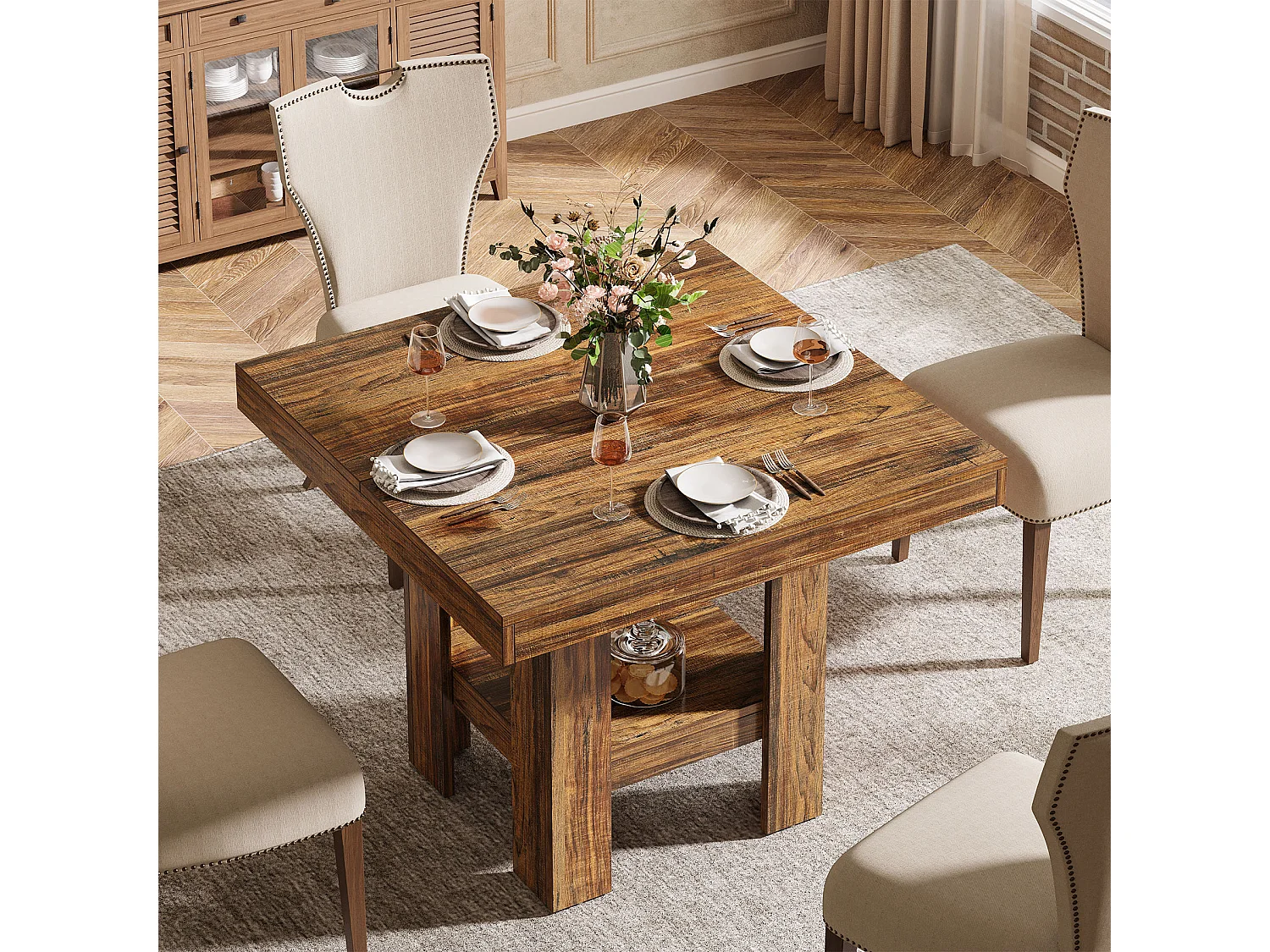 Table de salle à manger carrée pour 4 personnes, petite table de cuisine avec étagère de rangement, meuble de salle à manger compact pour appartements