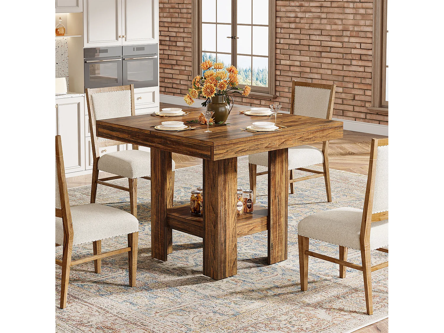 Table de salle à manger carrée pour 4 personnes, petite table de cuisine avec étagère de rangement, meuble de salle à manger compact pour appartements