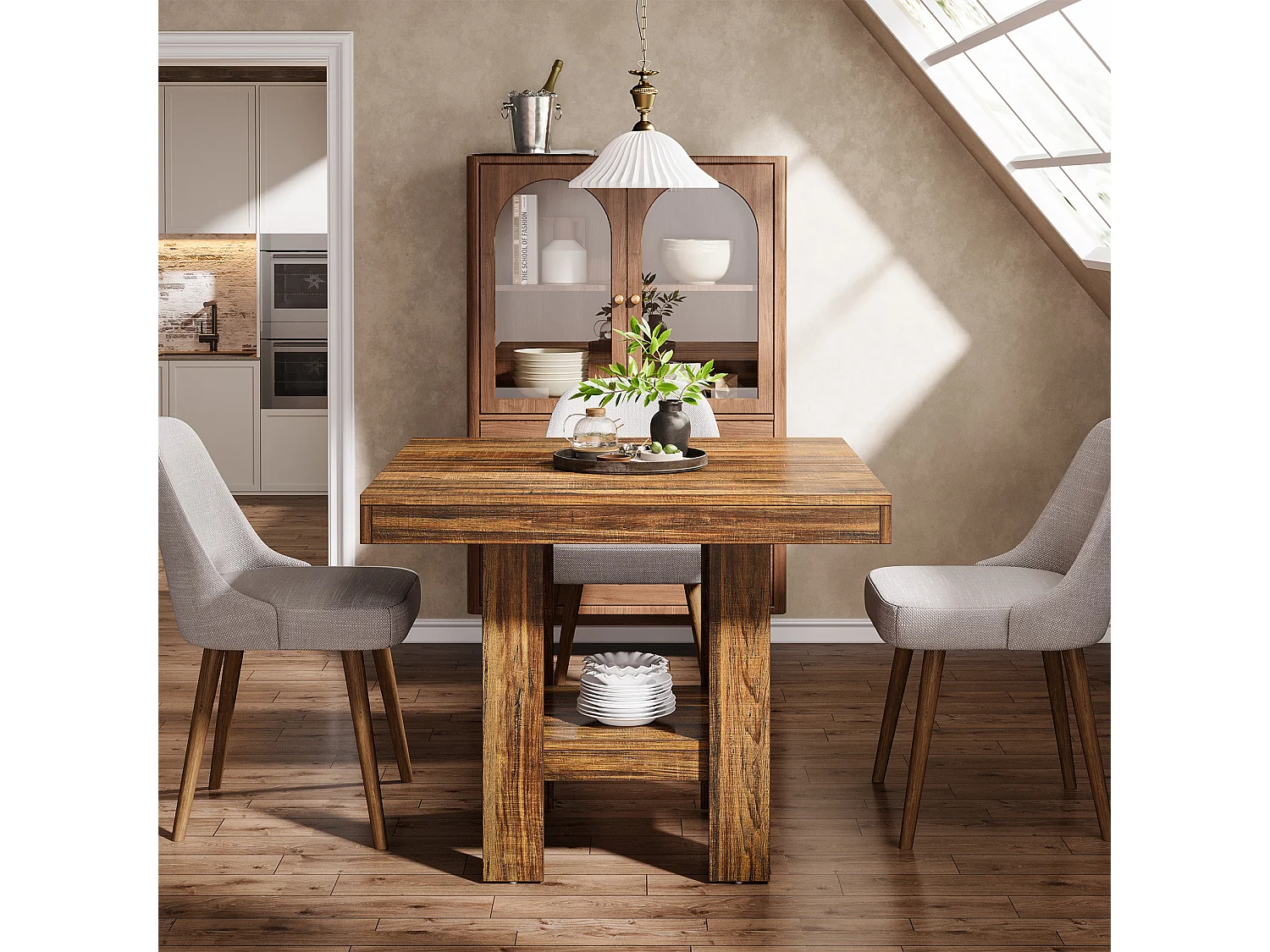 Table de salle à manger carrée pour 4 personnes, petite table de cuisine avec étagère de rangement, meuble de salle à manger compact pour appartements