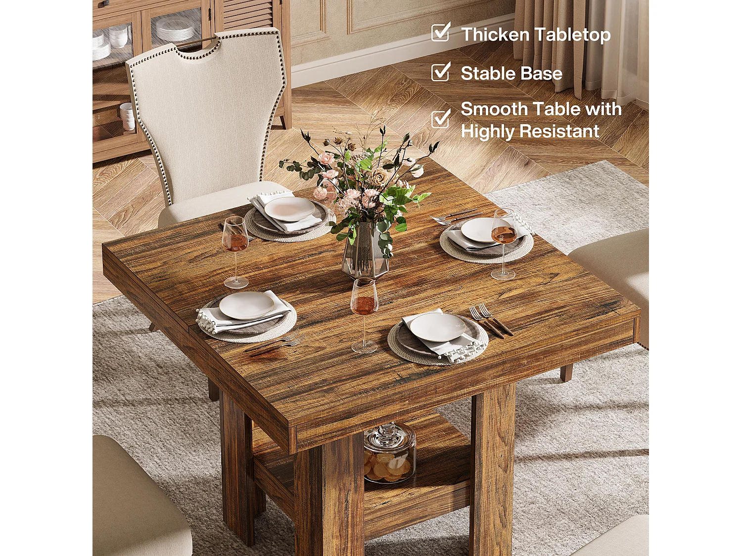 Table de salle à manger carrée pour 4 personnes, petite table de cuisine avec étagère de rangement, meuble de salle à manger compact pour appartements