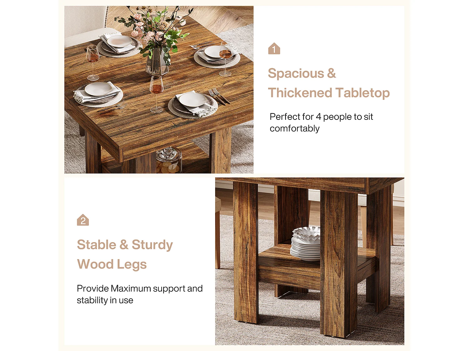 Table de salle à manger carrée pour 4 personnes, petite table de cuisine avec étagère de rangement, meuble de salle à manger compact pour appartements