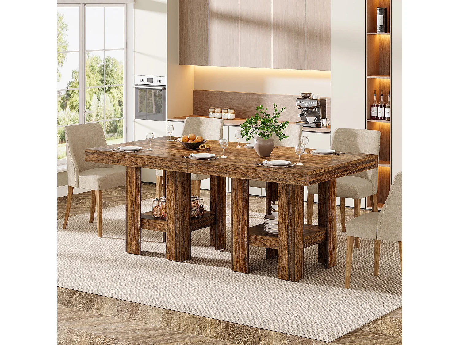 Table de salle à manger carrée pour 4 personnes, petite table de cuisine avec étagère de rangement, meuble de salle à manger compact pour appartements
