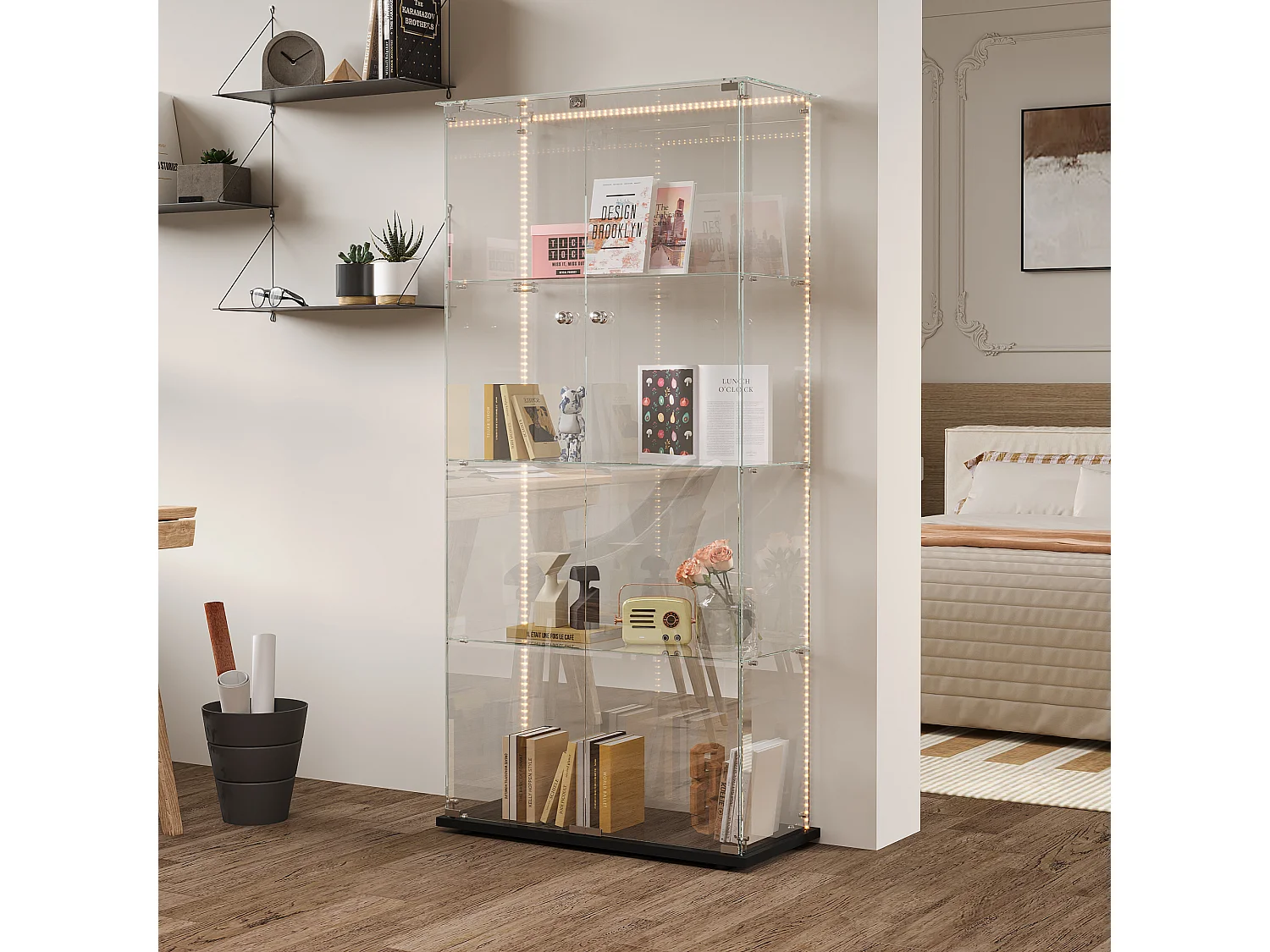 Vitrina de cristal con tiras LED, vitrina, 2 puertas con cerradura, 4 estantes, 163 x 78,5 x 35 cm, color negro
