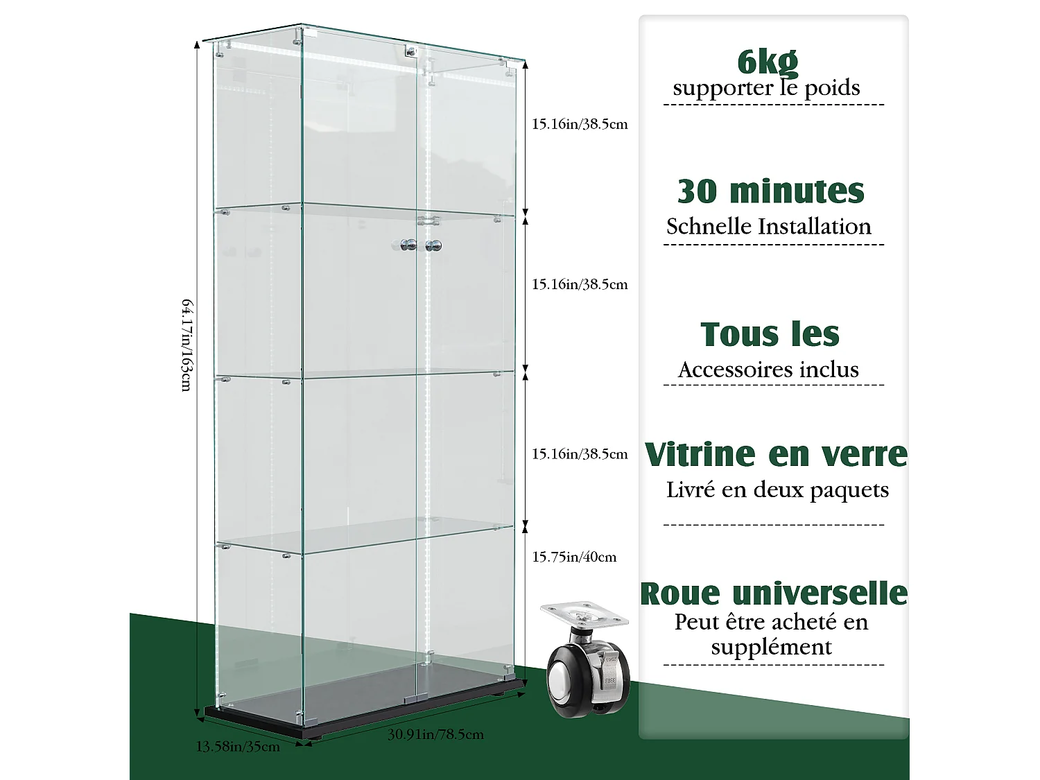 Vitrina de cristal con tiras LED, vitrina, 2 puertas con cerradura, 4 estantes, 163 x 78,5 x 35 cm, color negro