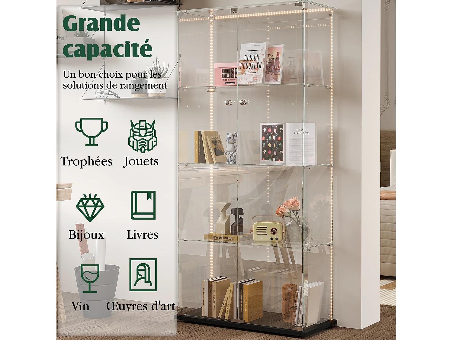 Vitrine em vidro com faixas LED, armário expositor, 2 portas com fechadura, 4 prateleiras, 163 x 78,5 x 35 cm, preto