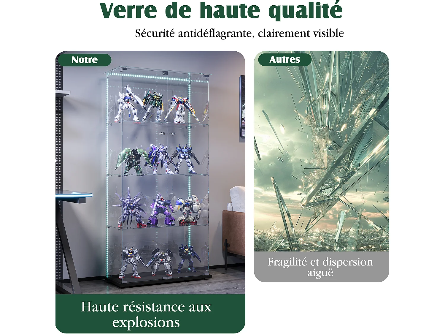 Vitrine em vidro com faixas LED, armário expositor, 2 portas com fechadura, 4 prateleiras, 163 x 78,5 x 35 cm, preto