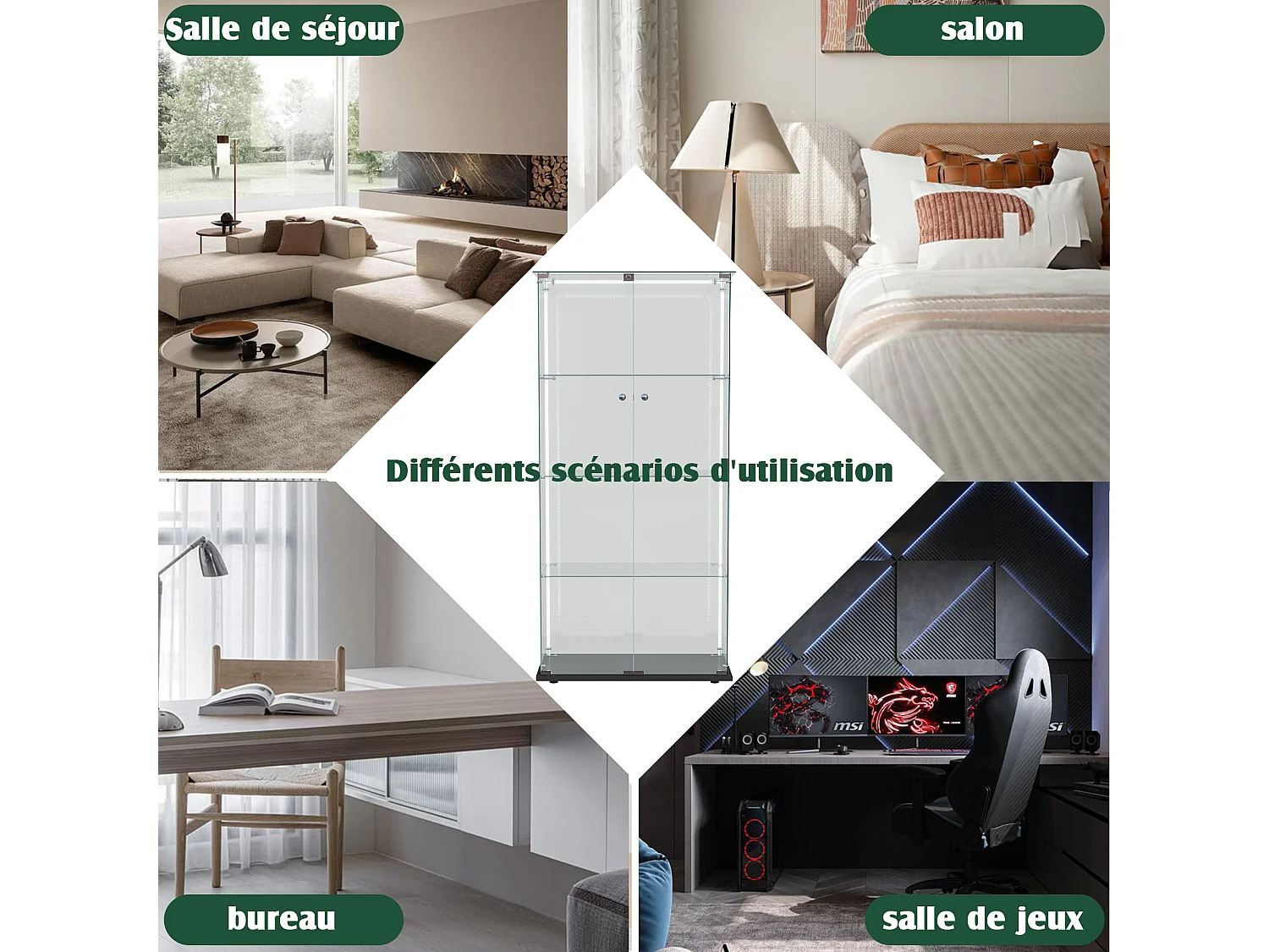 Vitrine em vidro com faixas LED, armário expositor, 2 portas com fechadura, 4 prateleiras, 163 x 78,5 x 35 cm, preto