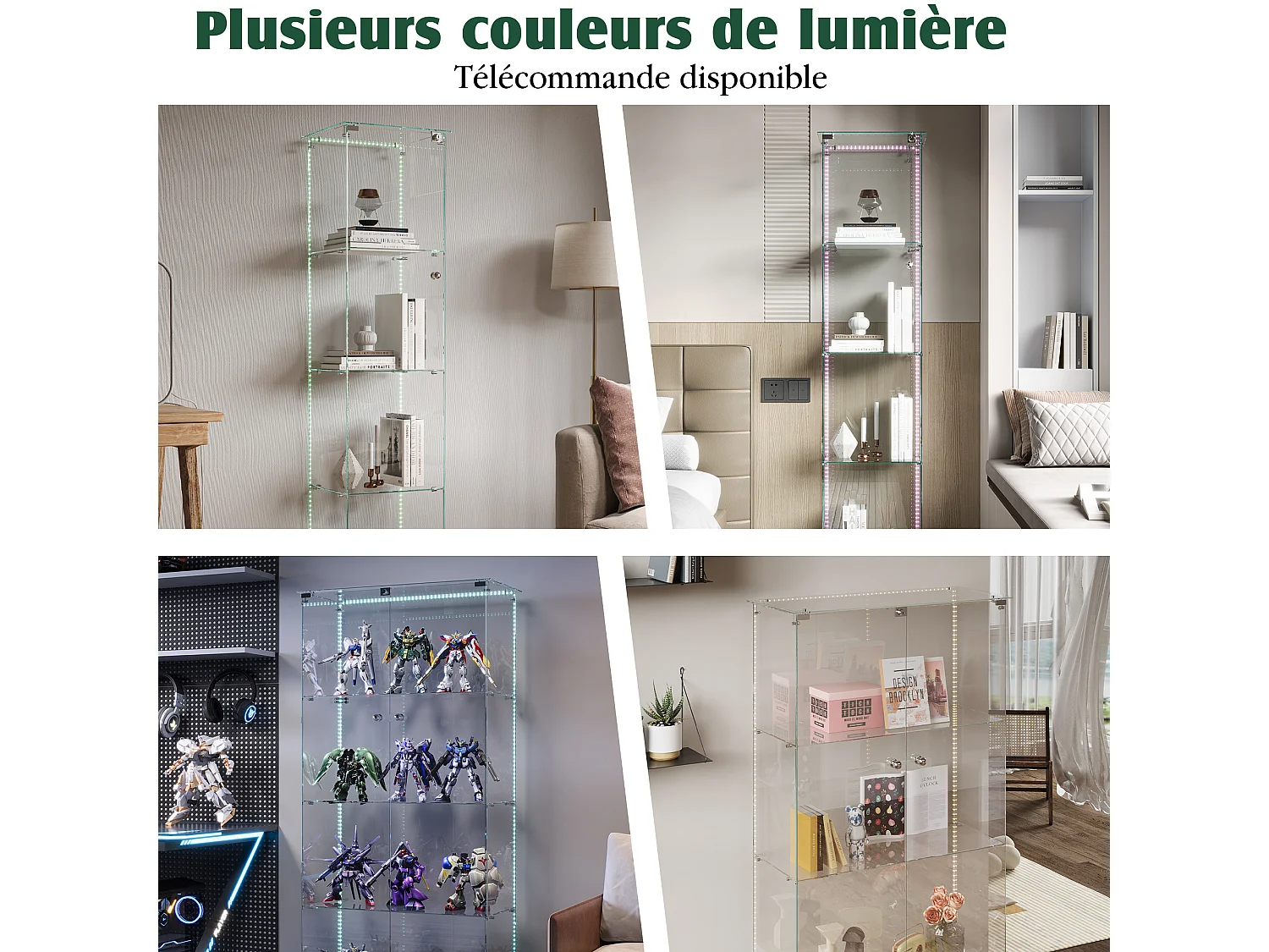 Vitrine em vidro com faixas LED, armário expositor, 2 portas com fechadura, 4 prateleiras, 163 x 78,5 x 35 cm, preto