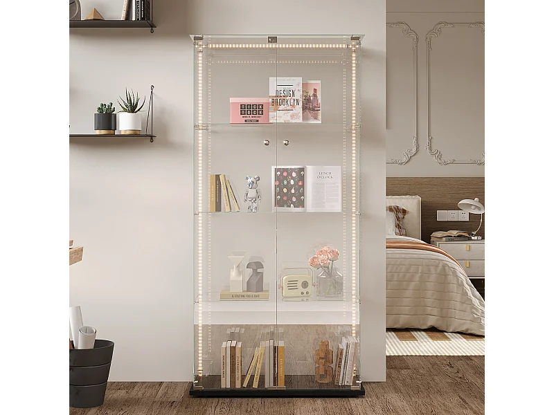 Vitrina de cristal con tiras LED, vitrina, 2 puertas con cerradura, 4 estantes, 163 x 78,5 x 35 cm, color negro
