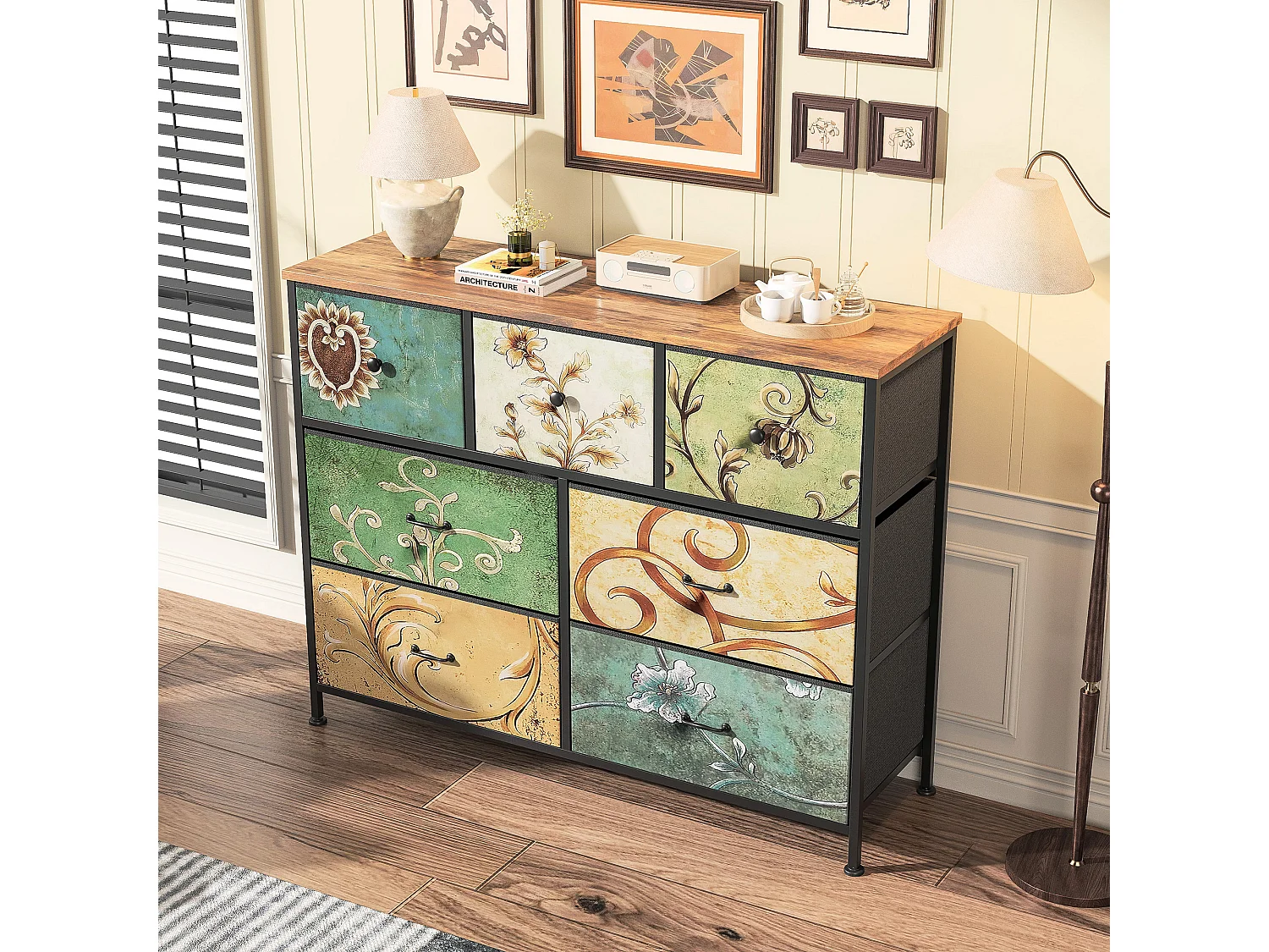 Commode à 7 tiroirs -Structure en métal et plateau en bois - Meuble de rangement pour salon - Style vintage - 100x30x78cm