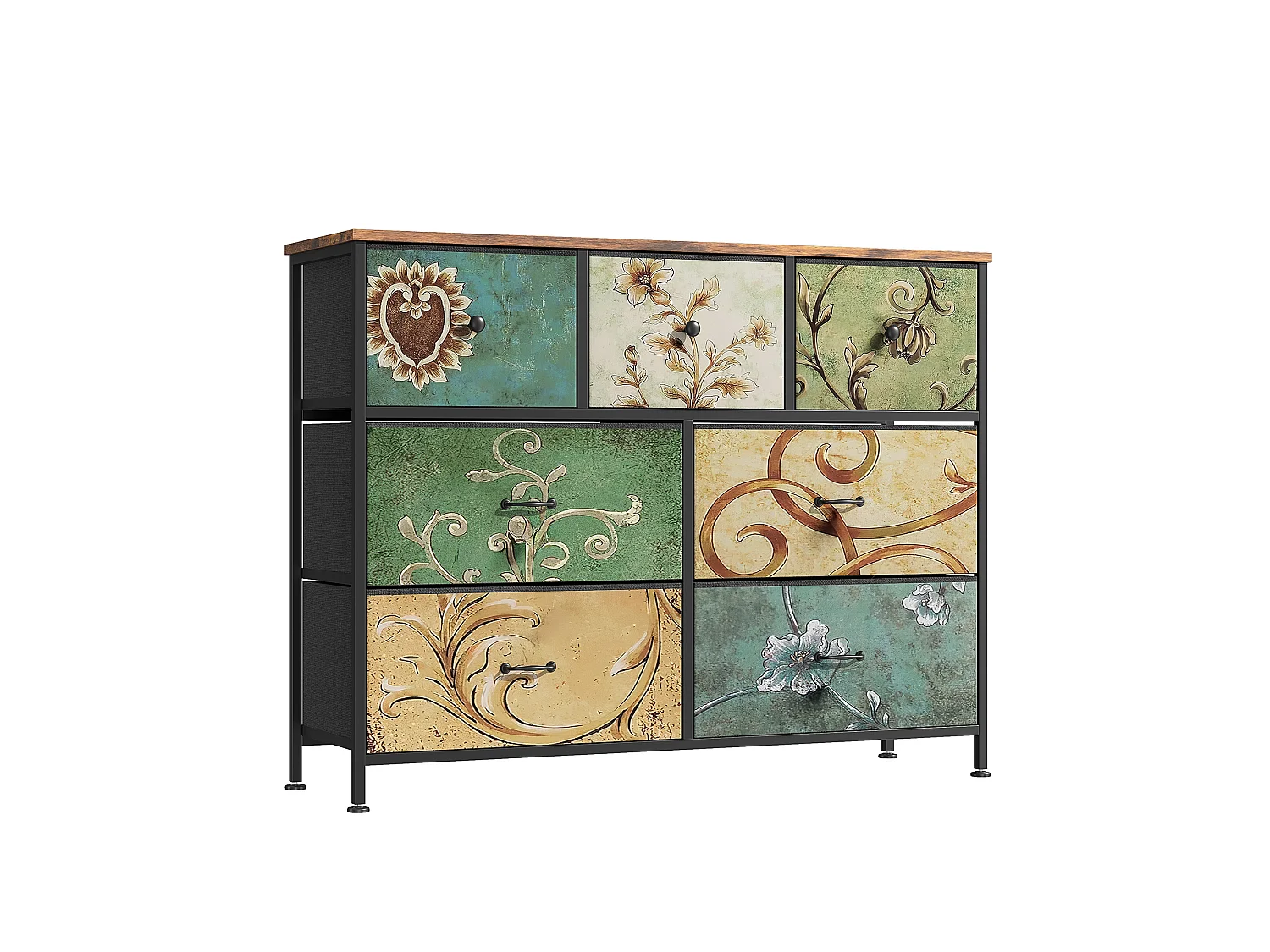 Commode à 7 tiroirs -Structure en métal et plateau en bois - Meuble de rangement pour salon - Style vintage - 100x30x78cm