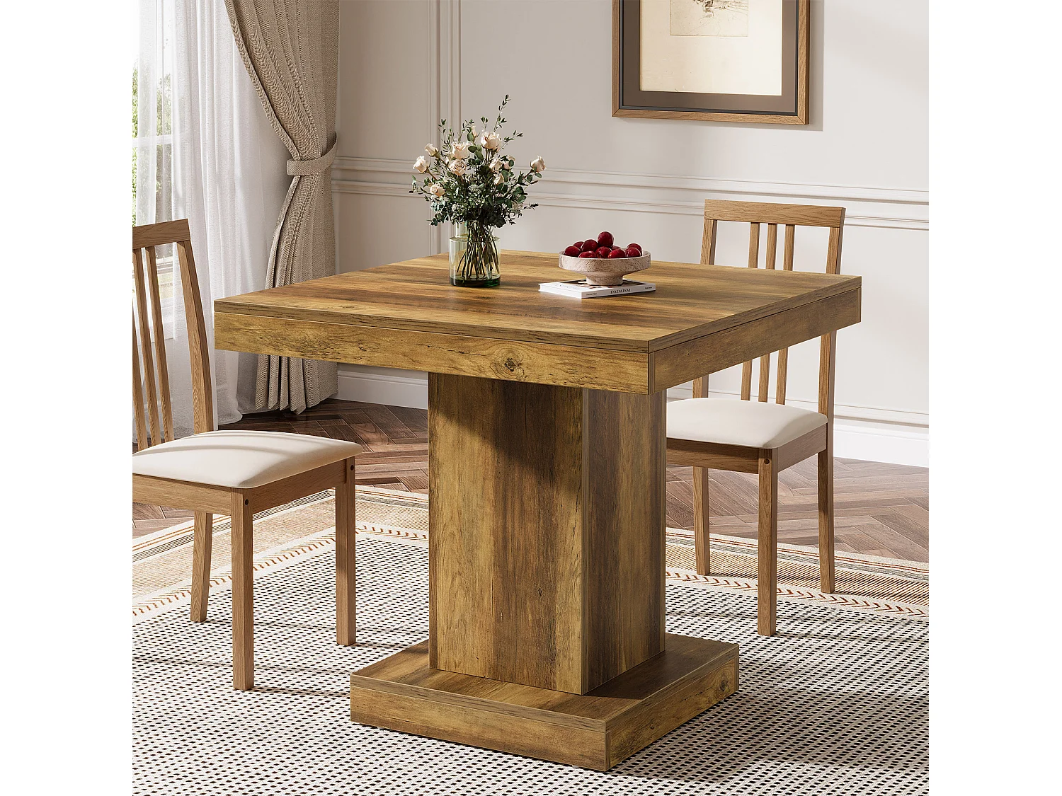 Table de salle à manger carrée pour 4 personnes, table de cuisine de style campagnard avec pied central robuste