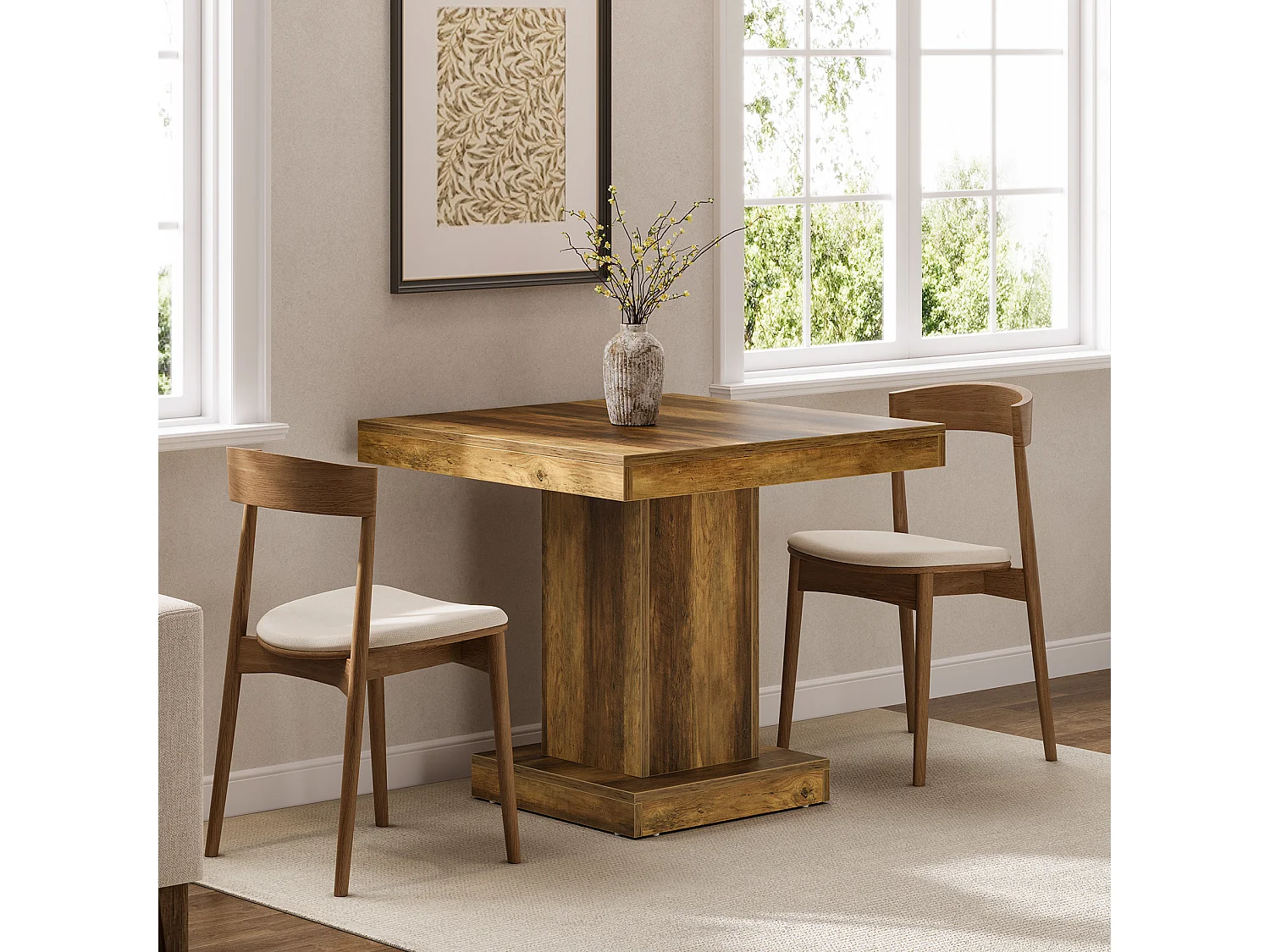 Table de salle à manger carrée pour 4 personnes, table de cuisine de style campagnard avec pied central robuste