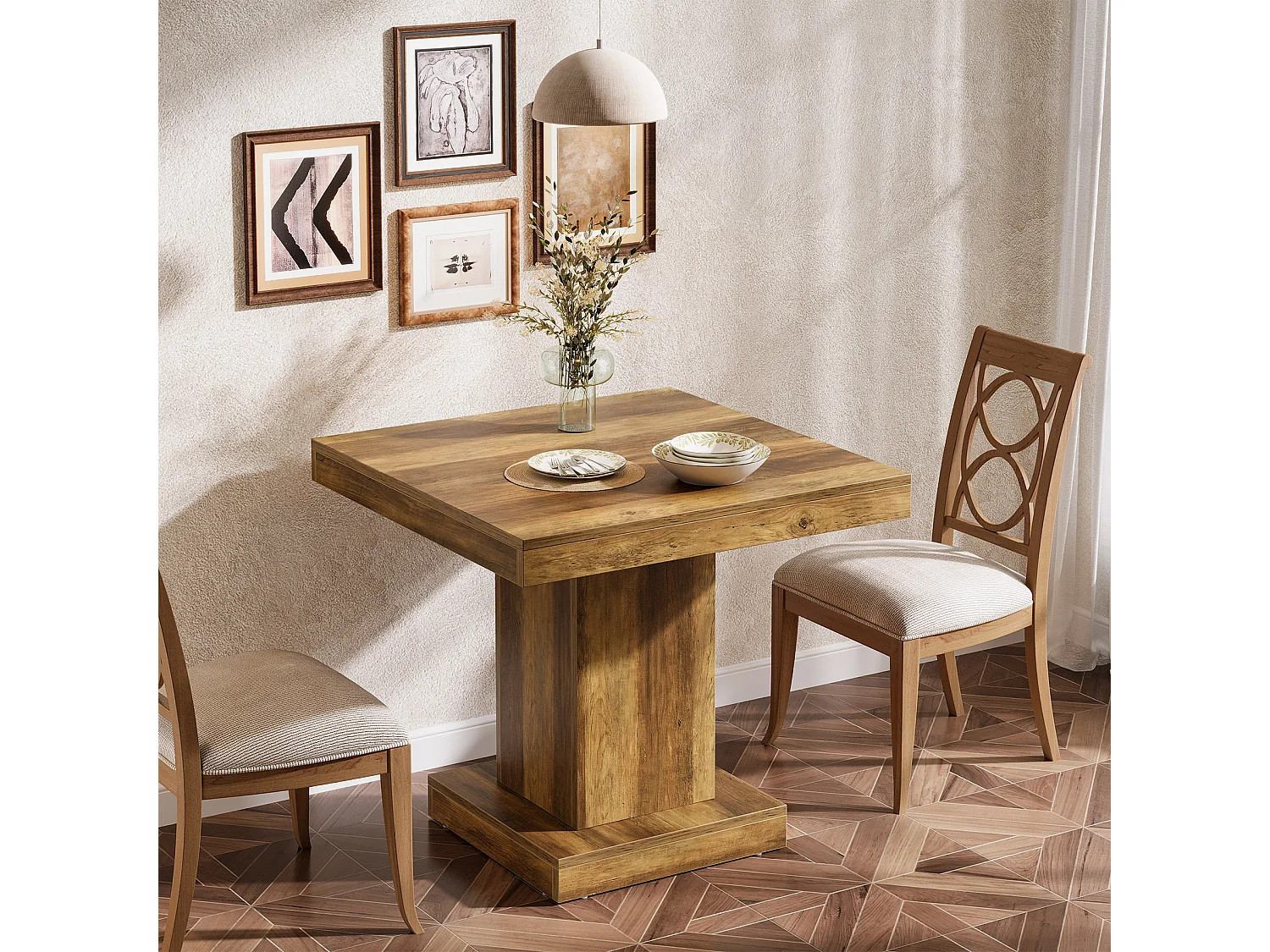 Table de salle à manger carrée pour 4 personnes, table de cuisine de style campagnard avec pied central robuste