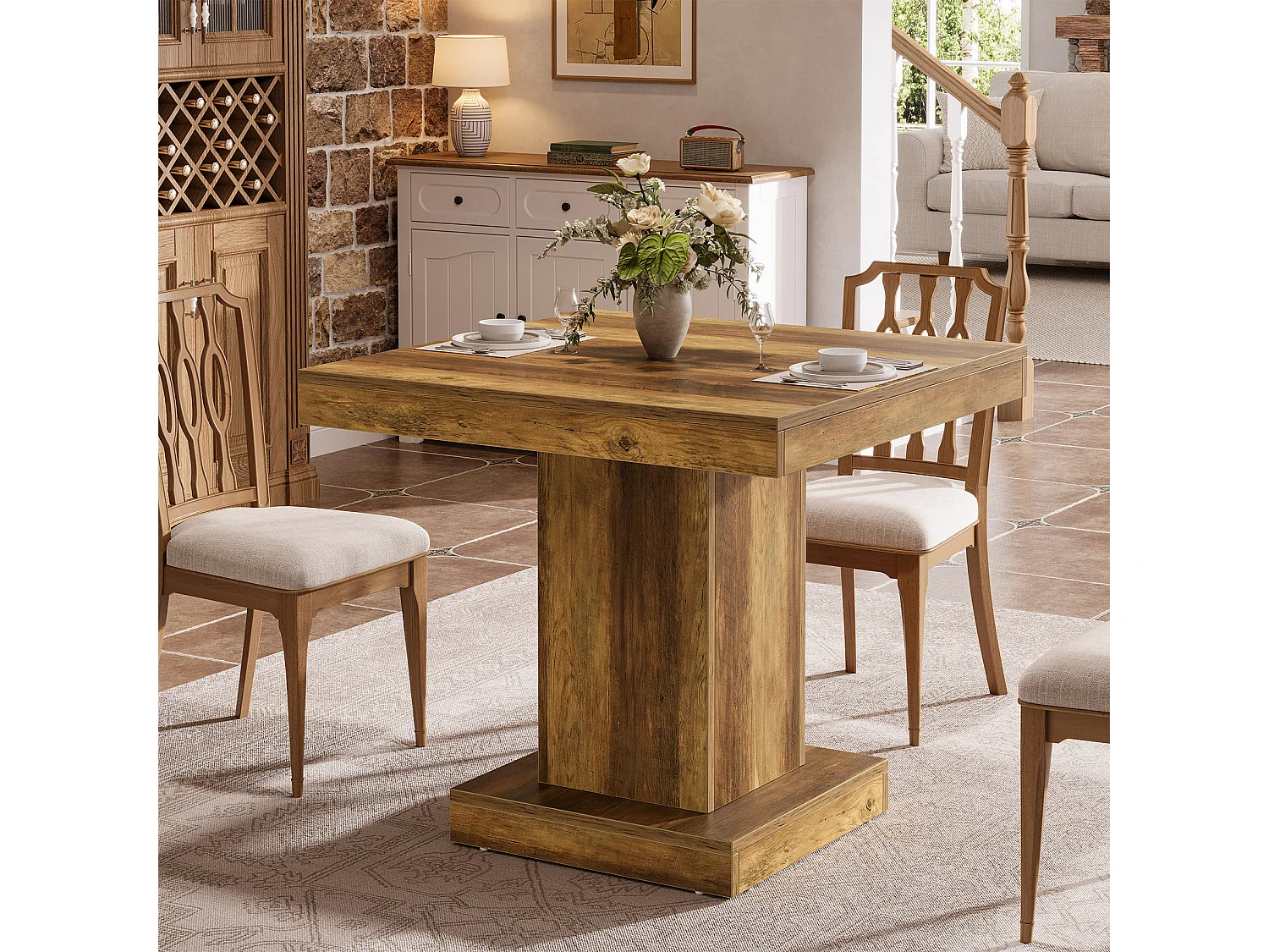 Table de salle à manger carrée pour 4 personnes, table de cuisine de style campagnard avec pied central robuste