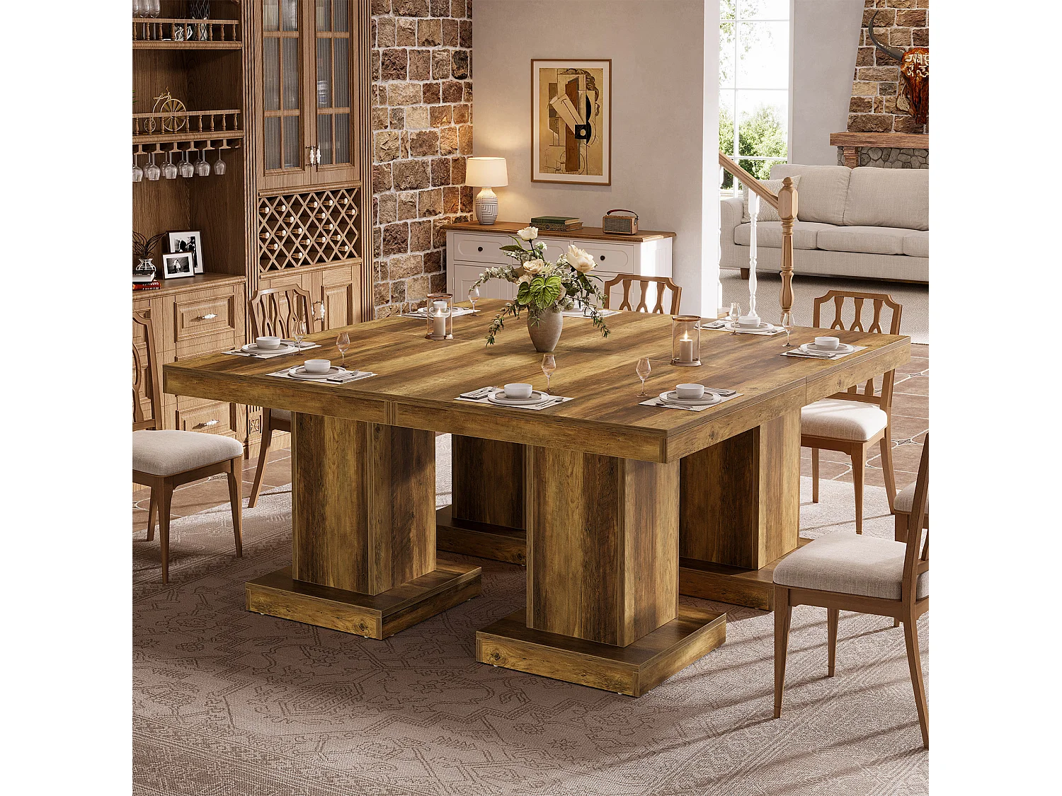 Table de salle à manger carrée pour 4 personnes, table de cuisine de style campagnard avec pied central robuste